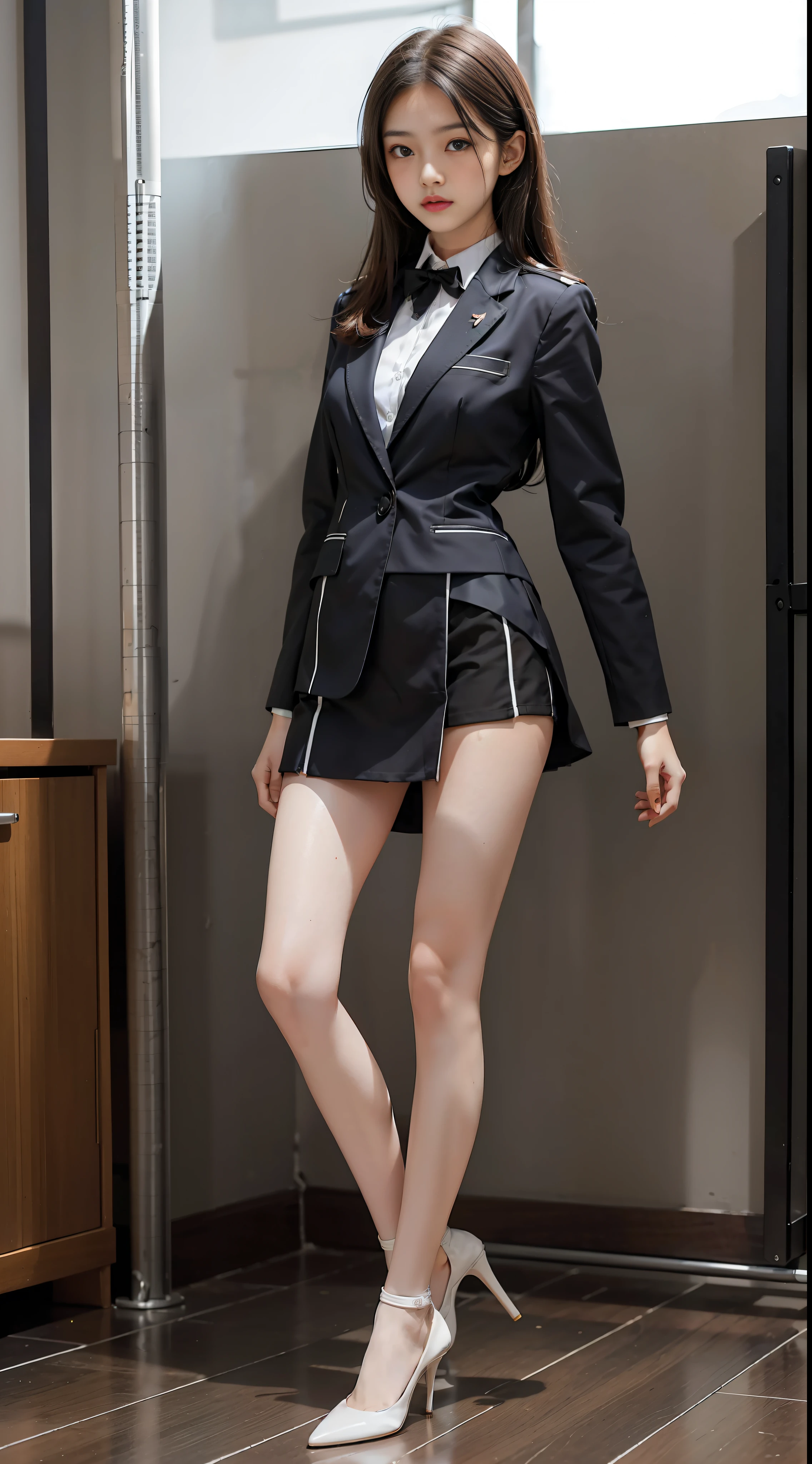 Girl in JK school uniform, posing for photos, delicate facial features, full body portrait, slim body, beautiful legs, medium bust, slim girl model, model figure, white high heels, standing posture, indoors, (right leg mechanical leg)), (right leg mechanical leg)Right leg mechanical leg, mechanical right leg,