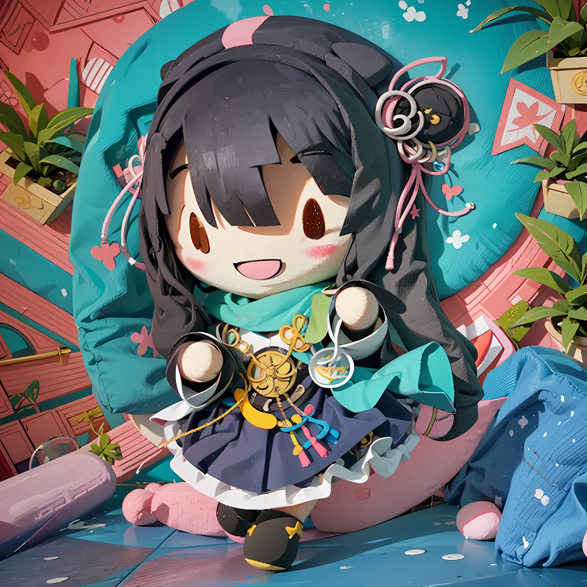wanju\(fufu\), solo, smile, chibi,open mouth, blush, water, long hair,black hair,standing, standing on one leg, plant,(from above:1.2),