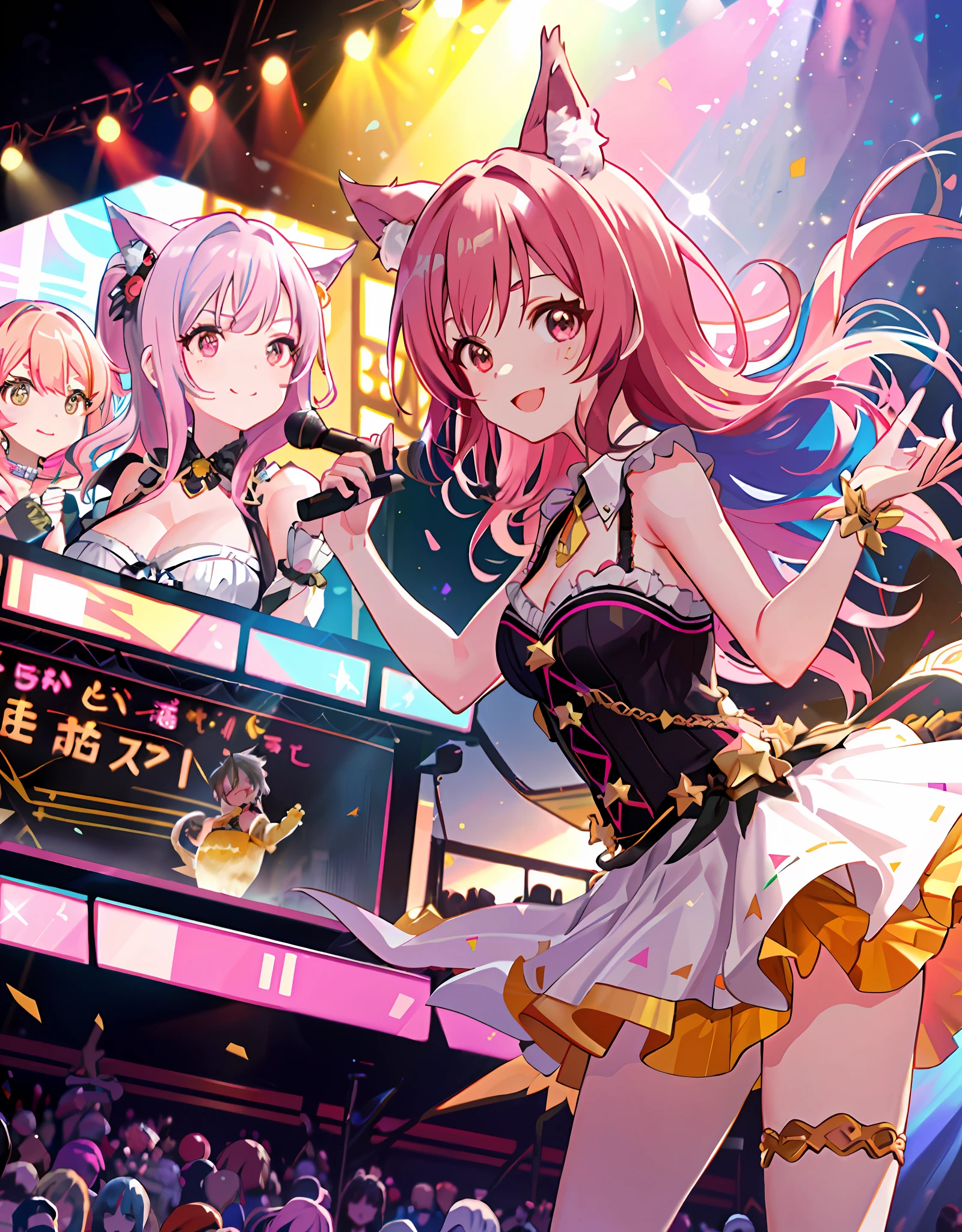 Dynamic Angle, 8k, Thick Paint 5, Upper Body, 2 Girls, Smile, Wolf Ears, Wolf Tail, Pink Eyes, Hair Between the Eyes, Striped Hair, Striped Hair, ((Colorful Hair Color: 1))))), (((Random Hair Color: 1))), Variegated Hairstyles: 1, D Cup, Cleavage, Completed Human Arms, Perfected Human Fingers 4, Noble, Mini Ruffled Dress, Love Live Costumes, Idolmaster Costumes, Jewels, ((On the stage of the large bus trailer))), hold the microphone with your left hand: 5, best live, professional lighting, concerts, guerrilla live, get the city of Shibuya in the background, a lot of customers, ((Panchira, cute panties)))