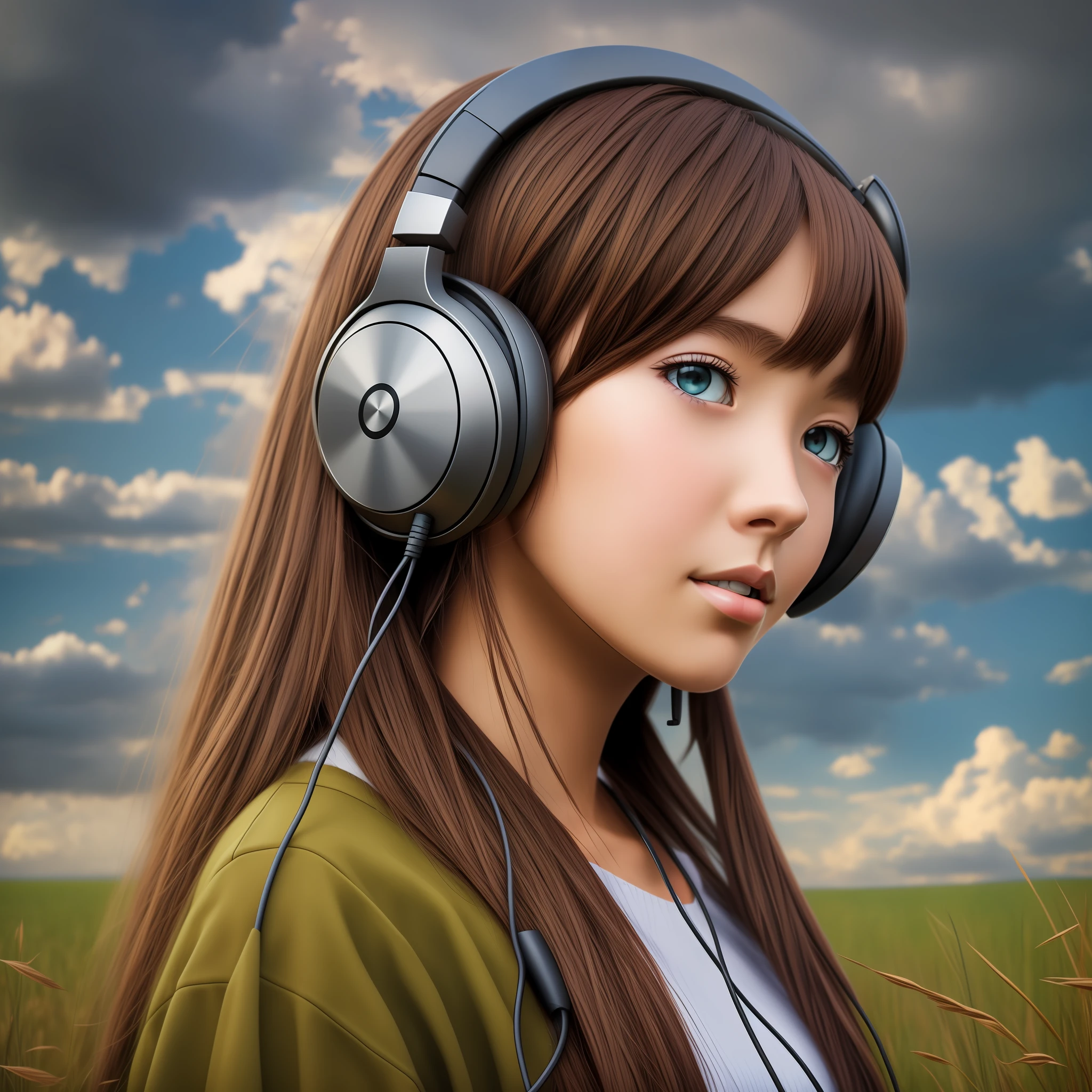 an anime girl wearing headphones and standing in a field, in the style of realistic hyper-detailed portraits, cabincore, earthy colors, ambitious, dinopunk, atmospheric clouds, bold, manga-inspired characters