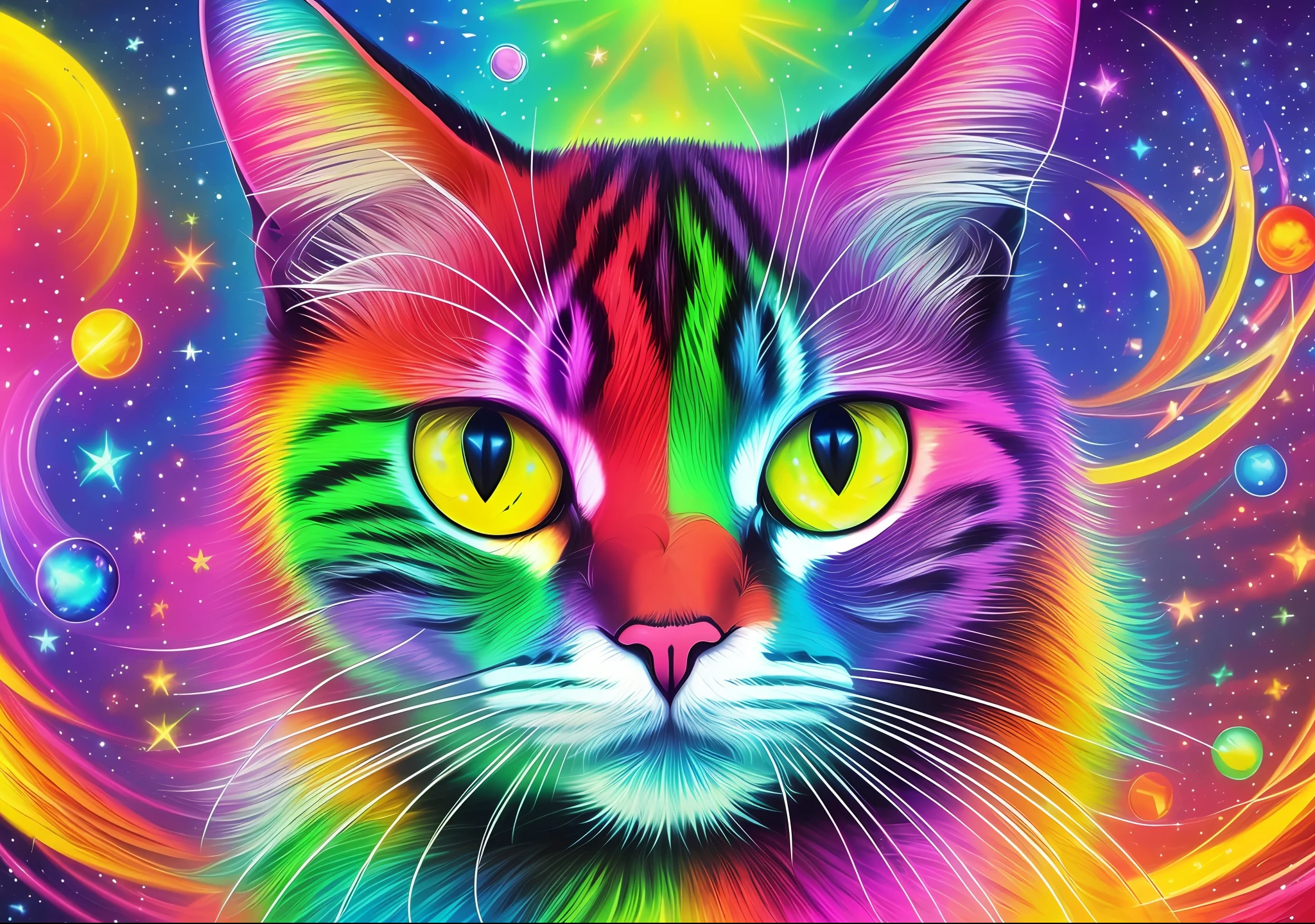 Create a painting of a cat with rainbows coming out of your eyes, void cat, lsd trip, space cat, psychedelic dream, trippy, trippy happy mood, psychedelic acid trip, psychedelic travel, trippy art, cat in space, cosmic cataclysm, 3D psychedelic illustration, WallPaper, 1920x1080 --auto --s2