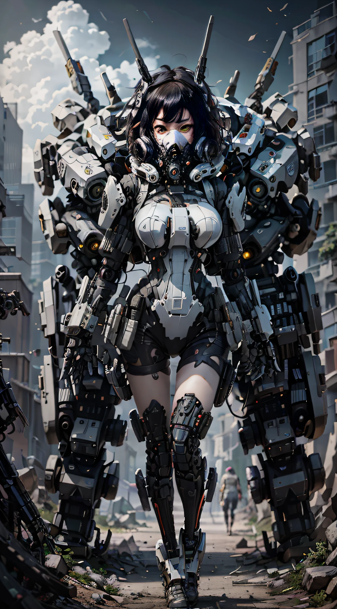 This is a CG Unity 8k wallpaper with ultra-detailed, high-resolution and top quality in cyberpunk style, dominated by black and red. In the picture, a beautiful girl with white messy short hair, a delicate face, wearing a steam mecha mask, standing on the ruins, behind her is a huge robot, and the action of a woman holding a heavy sniper rifle in her hand,