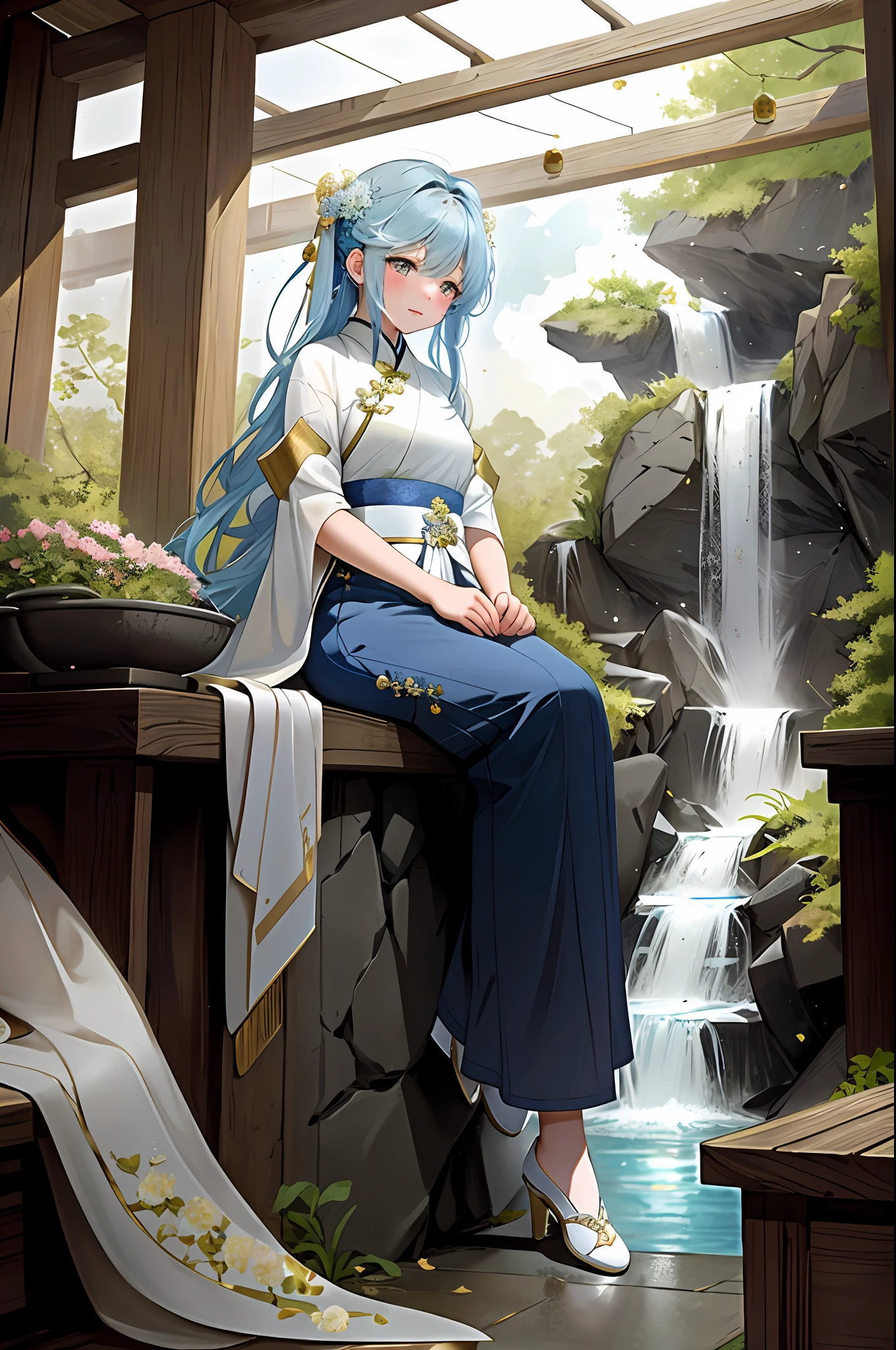 {{Best Quality}}, {{Masterpiece}}, {{Ultra Detail}}, {Illustration}, {Detailed Light}, {Extremely Delicate and Beautiful}, A Girl, {Beautiful Detail Eyes}, Stars in Eyes, Messy Floating Hair, Colored Inner Hair, Starry Sky Decorative Hair, Depth of Field, Chinese Painting, Girl in the Garden, Girl Sitting by the Pool, Sticking Her Feet into the Pool, Rockery, Waterfall and Small Trees in the background, Delicate Face, Beautiful Eyes, Girl Stretching Her Waist, Girl in Hanfu, Light Blue and White Hanfu
