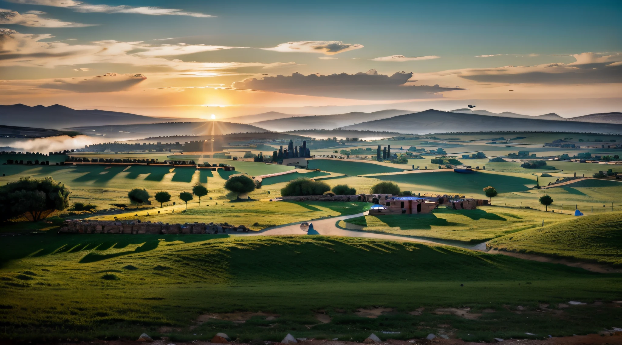 A mountainous landscape in the background, with the Israelite camp and the Philistine camp visible on the horizon. ((1,200 years before Christ)) RAW photo, small details, photorealistic, ultra-realistic photo, 8k uhd, dslr, soft lighting, high quality, grain film, Fujifilm XT3, (masterpiece: 3.1