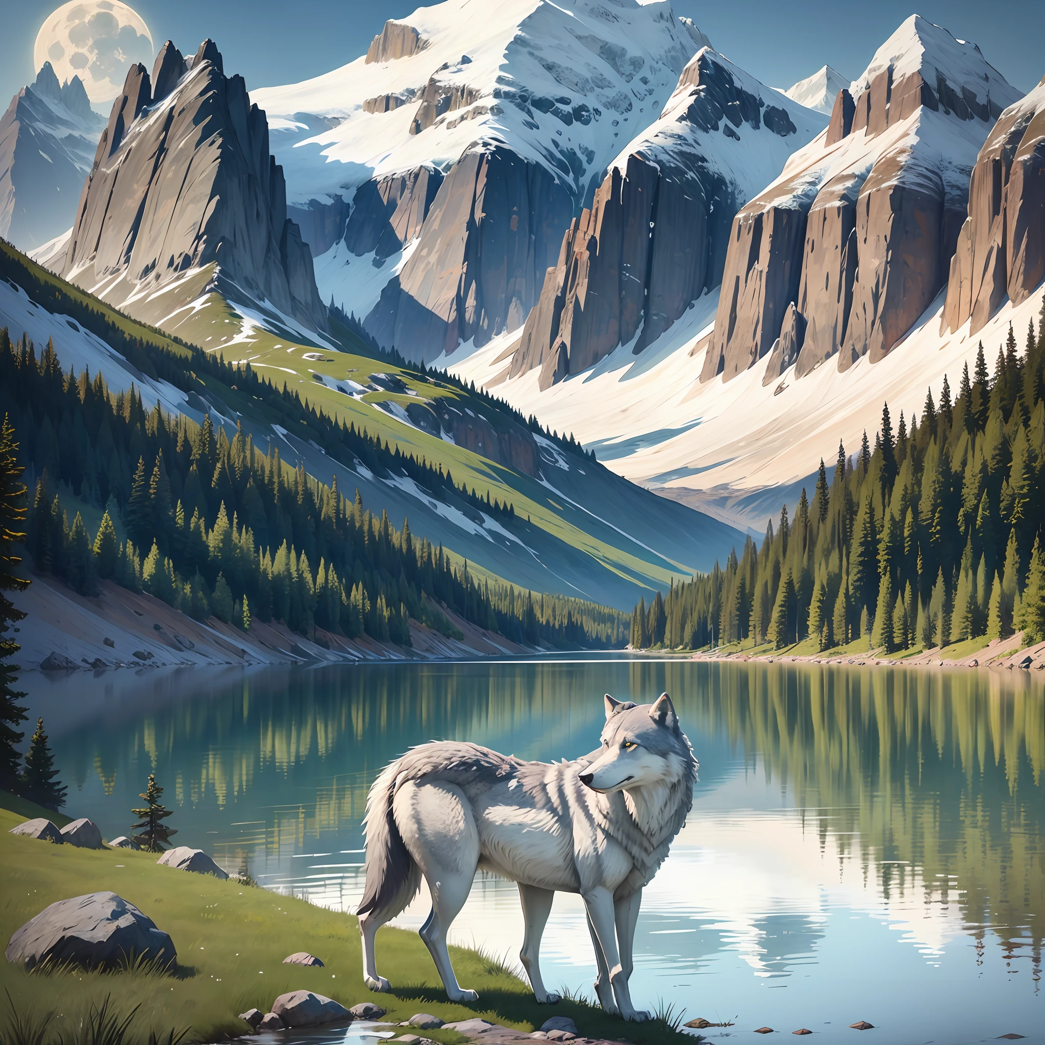 A beautiful lake, big gray wolf drinking water in the lake, green lawn, mountains in the background, bright full moon, ultra realism --auto --s2