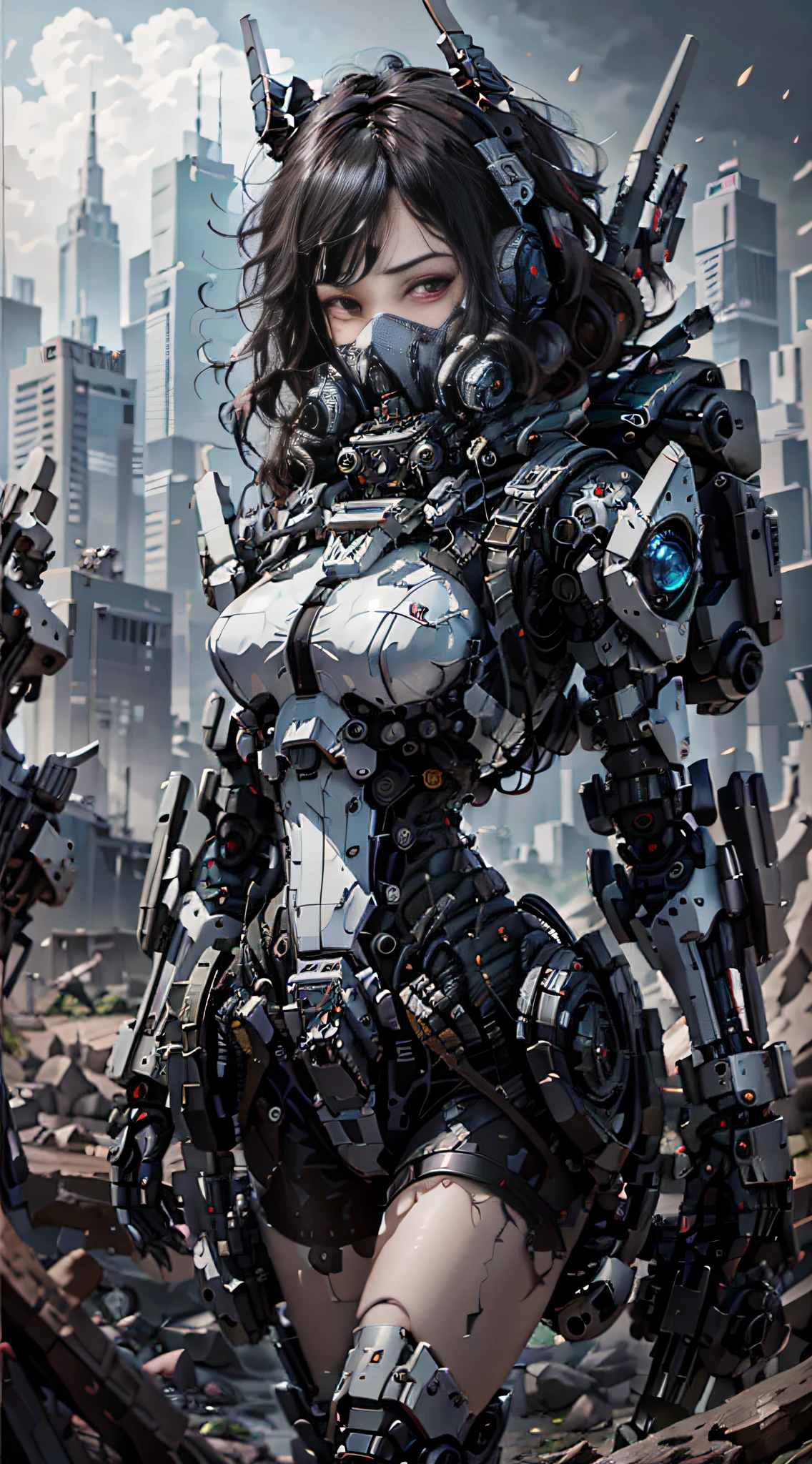 This is a CG Unity 8k wallpaper with ultra-detailed, high-resolution and top quality in cyberpunk style, dominated by black and red. In the picture, a beautiful girl with white messy short hair, a delicate face, wearing a steam mecha mask, standing on the ruins, behind her is a huge robot, and the action of a woman holding a heavy sniper rifle in her hand,