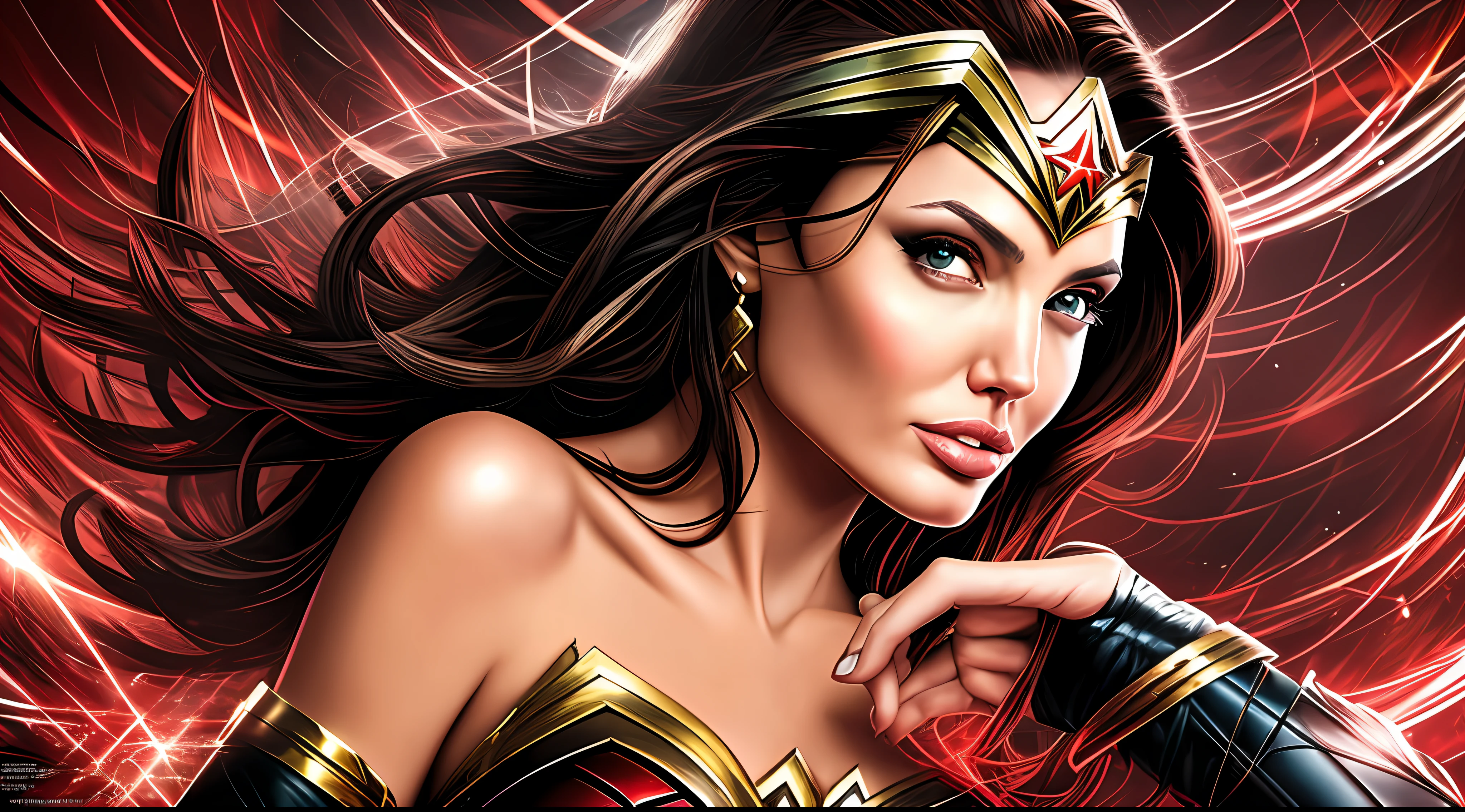 A closeup of a woman in a red and black costume, filling the screen, Wonder Woman, sexy Angelina Jolie painting, Angelina Jolie hybrid, super sexy Angelina Jolie, dressed as Wonder Woman, Superhero body, Portrait of Wonder Woman, Angelina Jolie as Wonder Woman, high quality ultra resolution costume, hyper detailed costume, comic book character, DC Comics style,  perfect anatomy, hands with 4 fingers and 1 thumb, rendered in 8K resolution for high quality detail, 8K image quality, 8K high resolution image, hyper detailed, super realistic, intricate details --auto --s2
