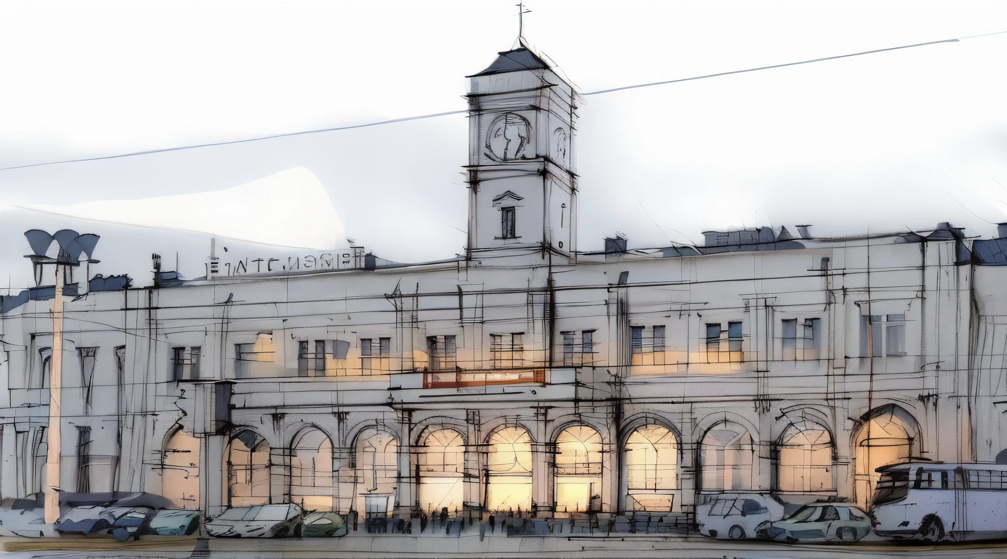 sketch, sketch, pen_sketch_style, Moskovsky railway station, the photo shows the station, the building, beautiful high resolution, the exterior of a huge beautiful station