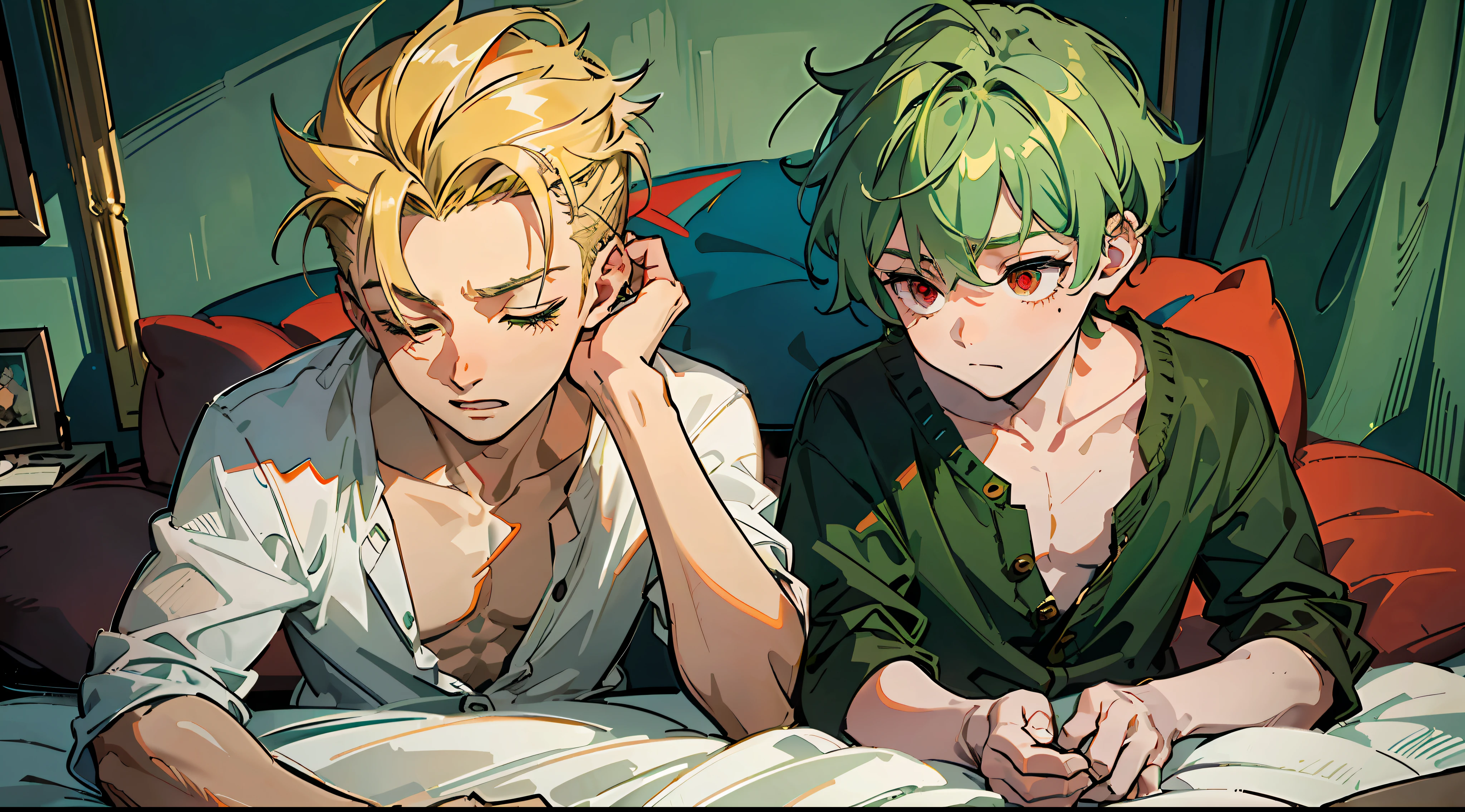 (Masterpiece: 1.4, Best Quality), (Masterpiece, Best Quality)), two boys, (Green Hair and Big Eyes Cute Boy: 1.2), (Blonde Spiked Hair and Red Eyes Good Looking Boy: 1.2), sleeping with their eyes closed on the bed