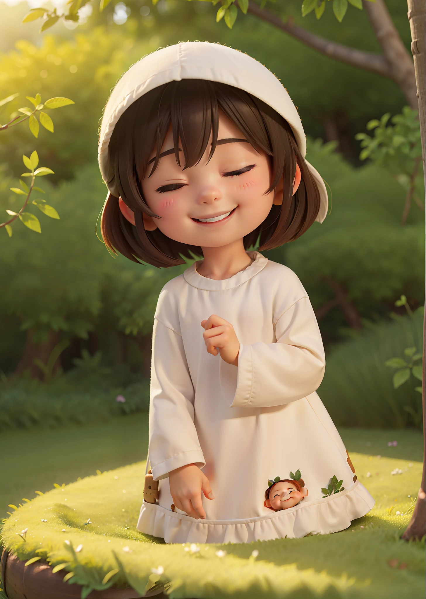 (a cute :1.5, closed eyes, smiling, cozy and comfortable atmosphere, surrounded by nature:1.1), beautiful nature background, shallow depth of field, macro shots:1.2