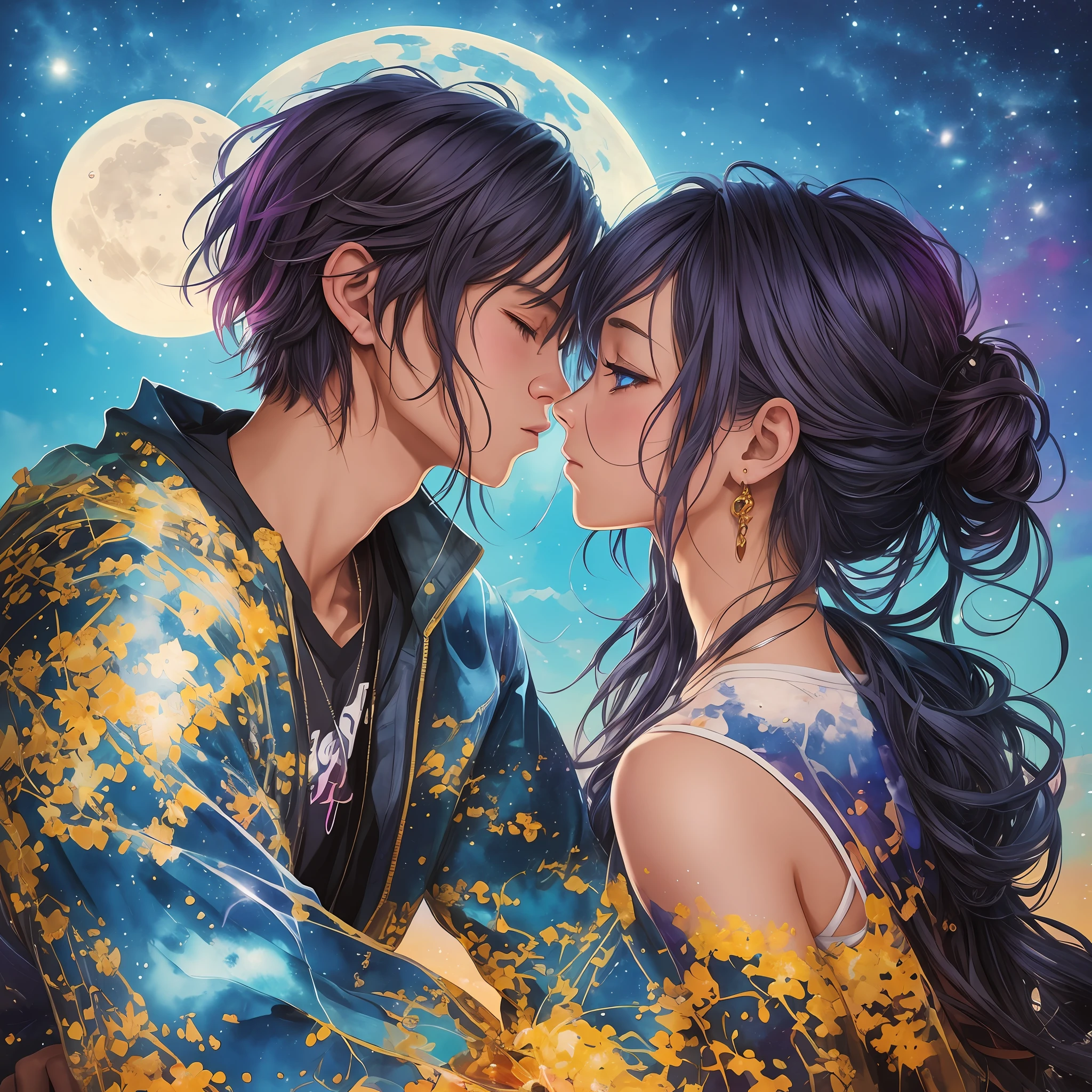 Beautiful anime watercolorpainting of summerpunk young couple, Kissing, Sitting on a top of a mountain, heart shape full moon sky, dark night Background, paint dripping by tim okamura, victor nizovtsev, greg rutkowski, noah bradley. trending on artstation, 8k, masterpiece, graffiti paint, fine detail, full of color, intricate detail, golden ratio illustration --c 50 --ar 3:2 -imagine --auto --s2