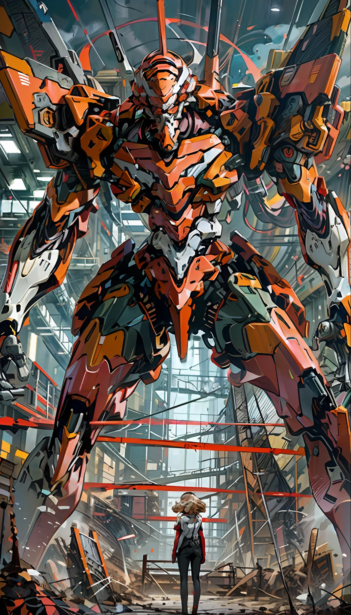 Eva 02, Eva, Evangelion mecha, science fiction, look viewer, (official art, best quality, masterpiece: 1.2), Illustrations, high resolution, beautiful abstract background, futuristic, comic book style, mecha, handheld weapon, lightsaber, depth of field, wide angle,