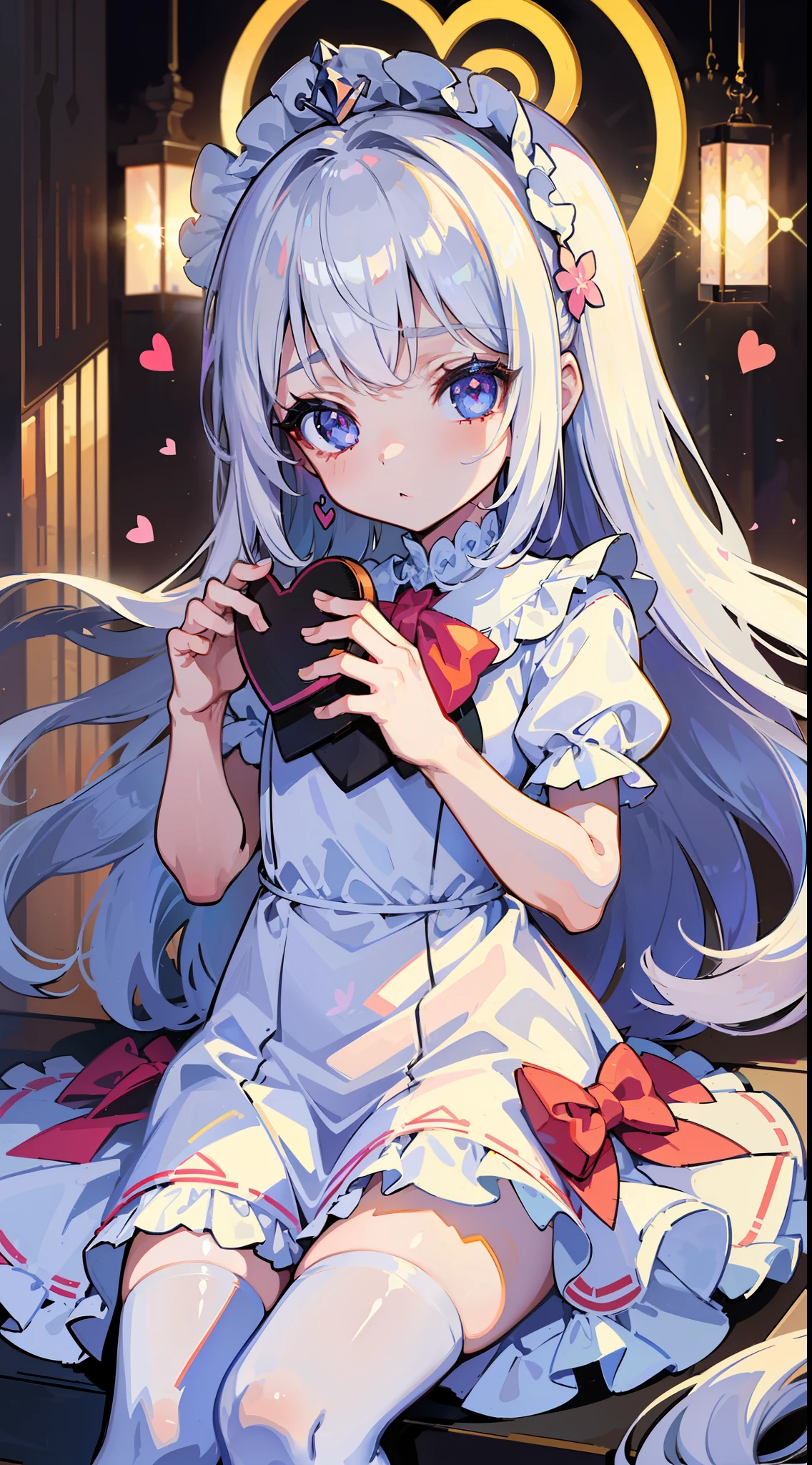 (A cute little girl), long hair, (flower headdress), heart-shaped earrings, (eyes shining like jewels), innocence, short sleeves, (young), (white skin), (slender body), (white stockings), (bow), cute cute cute cute cute cute cute cute cute, cute, little girl, little girl, little girl, little girl, indoor, ((dress)), ((heart pupil))