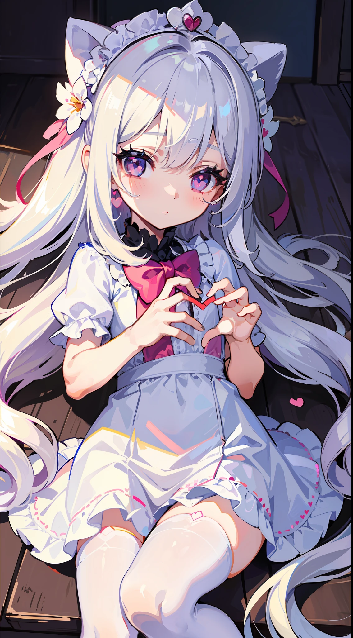 (A cute little girl), long hair, (flower headdress), heart-shaped earrings, (eyes shining like jewels), innocence, short sleeves, (young), (white skin), (slender body), (white stockings), (bow), cute cute cute cute cute cute cute cute cute, cute, little girl, little girl, little girl, little girl, indoor, ((dress)), ((heart pupil))