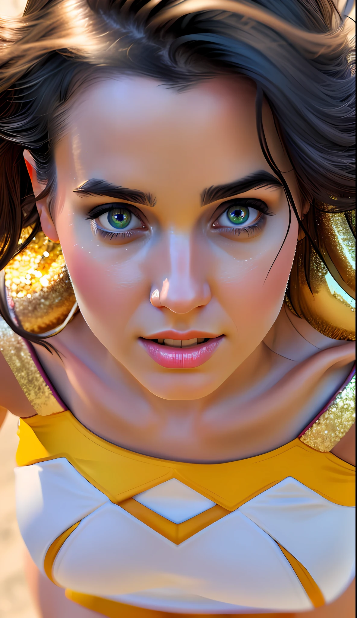from above, top angle, (redshift style:1.1), (analog style:1.1), sexy, realistic, photo shoot, professional, high contrast,


[Jennifer Connelly], 1girl, solo, expressive look,  (wearing cheerleader costume:1.2), gloves, wearing skirt, crop top,
skin pores, intricate skin texture, realistic skin, golden glitter, shiny skin, hands on sides, hands down,
realistic body, realistic body proportions,

(closeup:1.2), (extreme closeup:1.2), cleavage, face focus,

masterpiece, best quality, HDR, viewpoint, highest quality, sharp focus, looking at viewer, facing viewer, 8k,
[(colorful explosion psychedelic paint colors:1.2)::0.2],

dynamic lights, bokeh, detailed emerald eyes, witty,(vengeful:0.7),