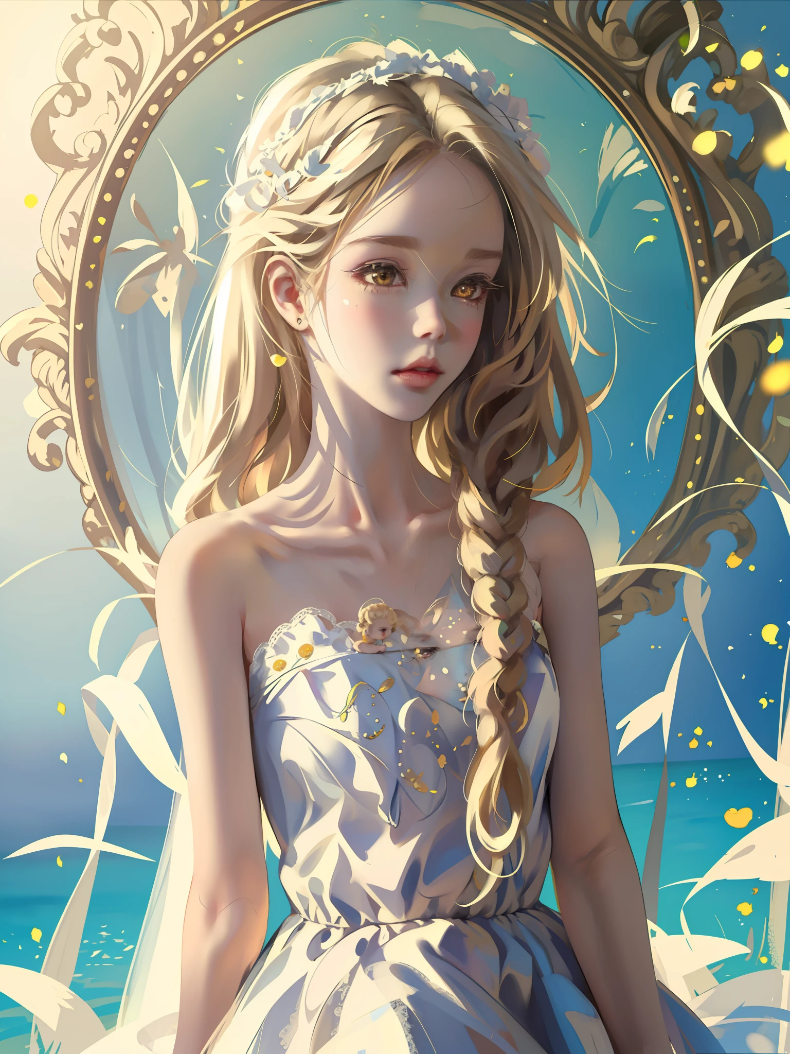 ((Masterpiece)), high quality, super detailed, blonde hair + white clothing: 1.2, sweet and delicate girl, bjd, ta, delicate facial features, perfect figure, face with pearl decoration, surrounding bubbles, bright bright colors, romantic long hair, natural light, warm and sweet, brown eyes, gorgeous hair decoration.