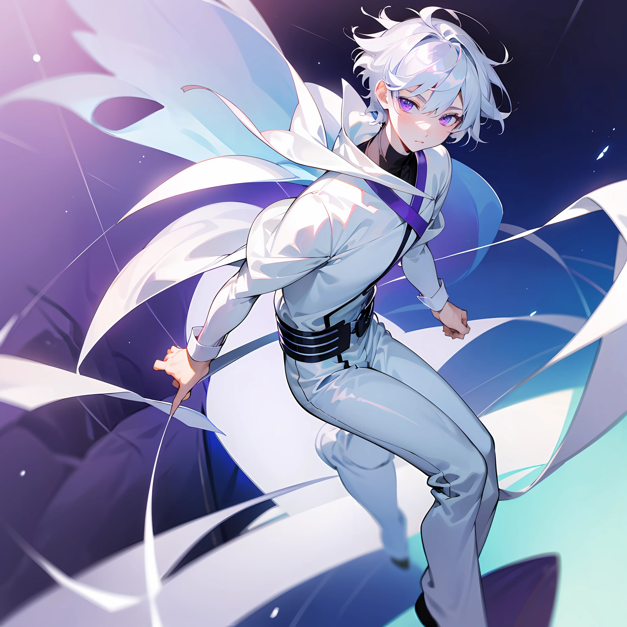 white skin, ultra beautiful face, ambient light, pessonage, full body, anime, boy with short hair, silver white, purple eyes, beautiful eyes, shy, perfect. Maximum quality.