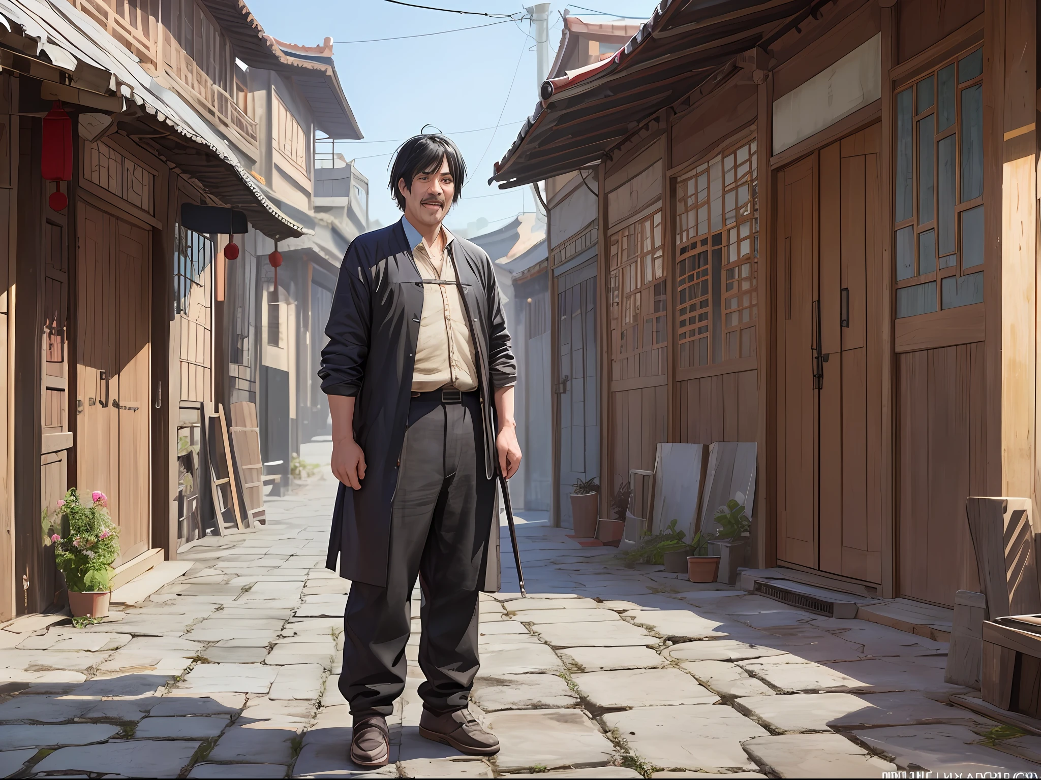 1 silly man, middle-aged man, sloppy, full body, thin, cloth ((ultra-realistic details)), Chinese Republic of China style, global illumination, short black hair, shabby clothes, sloppy, 8k, standing at the entrance of the village, giggling