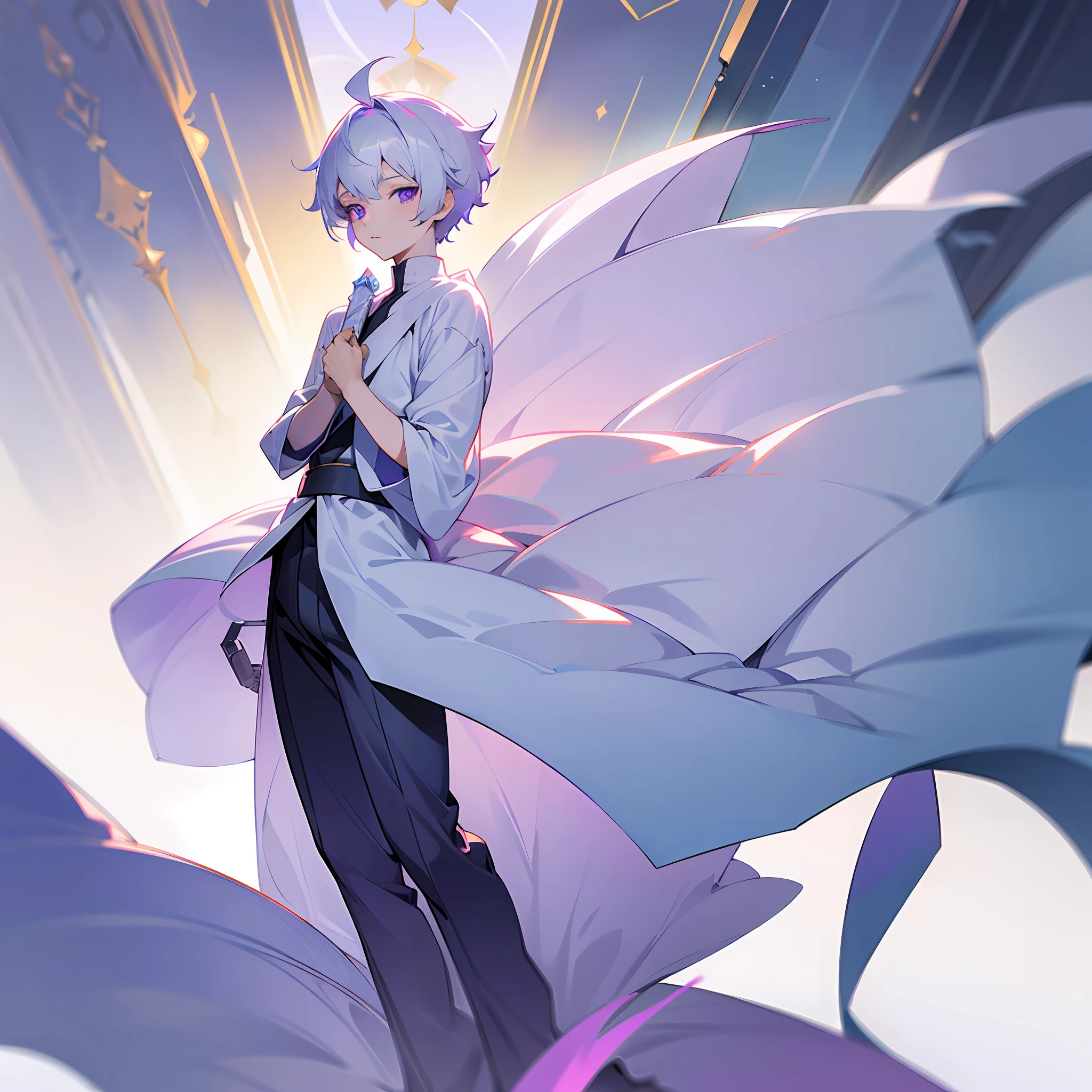 white skin, ultra beautiful face, ambient light, pessonage, full body, anime, boy with short hair, silver white, purple eyes, beautiful eyes, shy, perfect. Maximum quality.