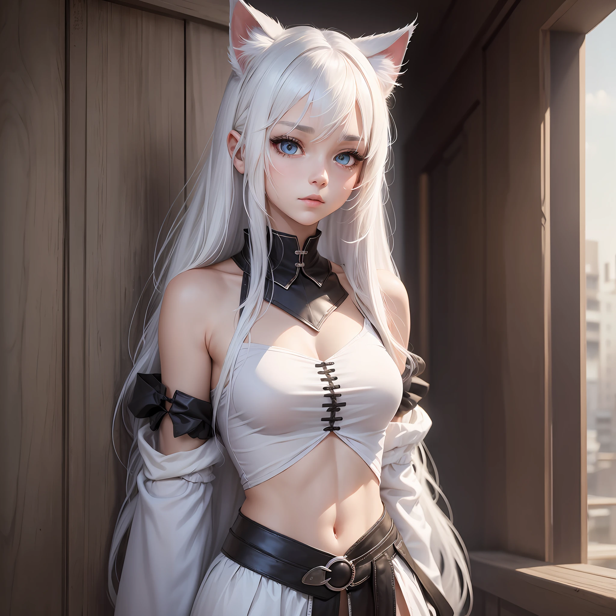 A girl, white hair, shoulder long hair, tyrkise eyes, cat ears, cat tail, closed clothes