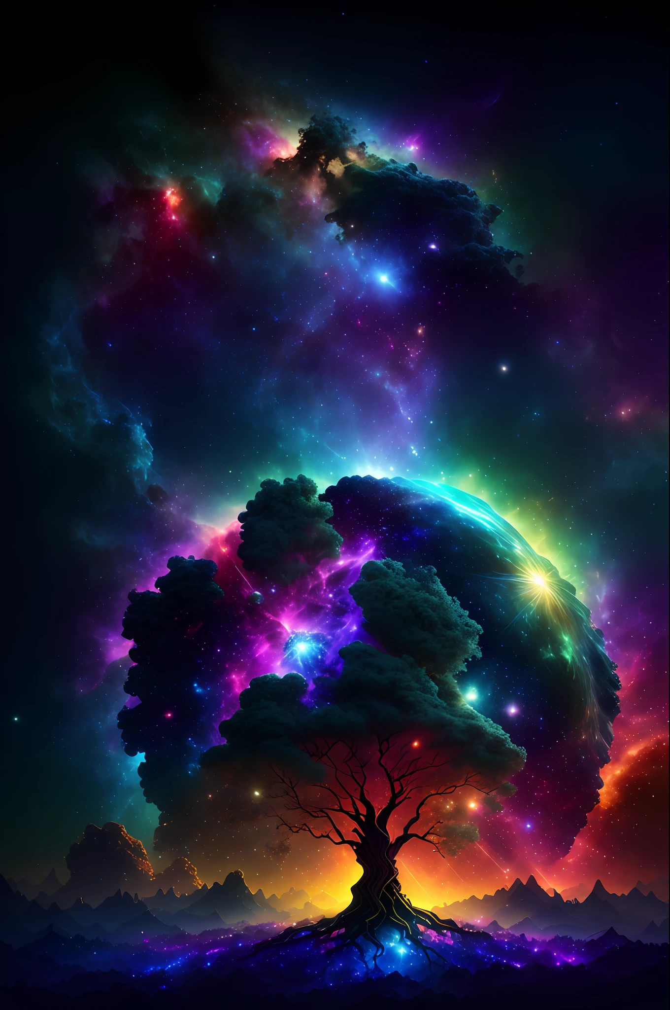 Masterpiece, "Heaven and Earth Open Things", in the myth of the very representative of the living tree distributed in the universe, the sparkling light is full of life, the huge nebula system, the roots of the tree are deep-rooted, intertwined in the nebula, and countless stars form a mysterious bond, professional-grade color layering, soft shadows, clear and sharp focus, film photography, super realistic::nebula::1 wide-angle lens::1 defocus::Ultra HD, HDR, 16K.