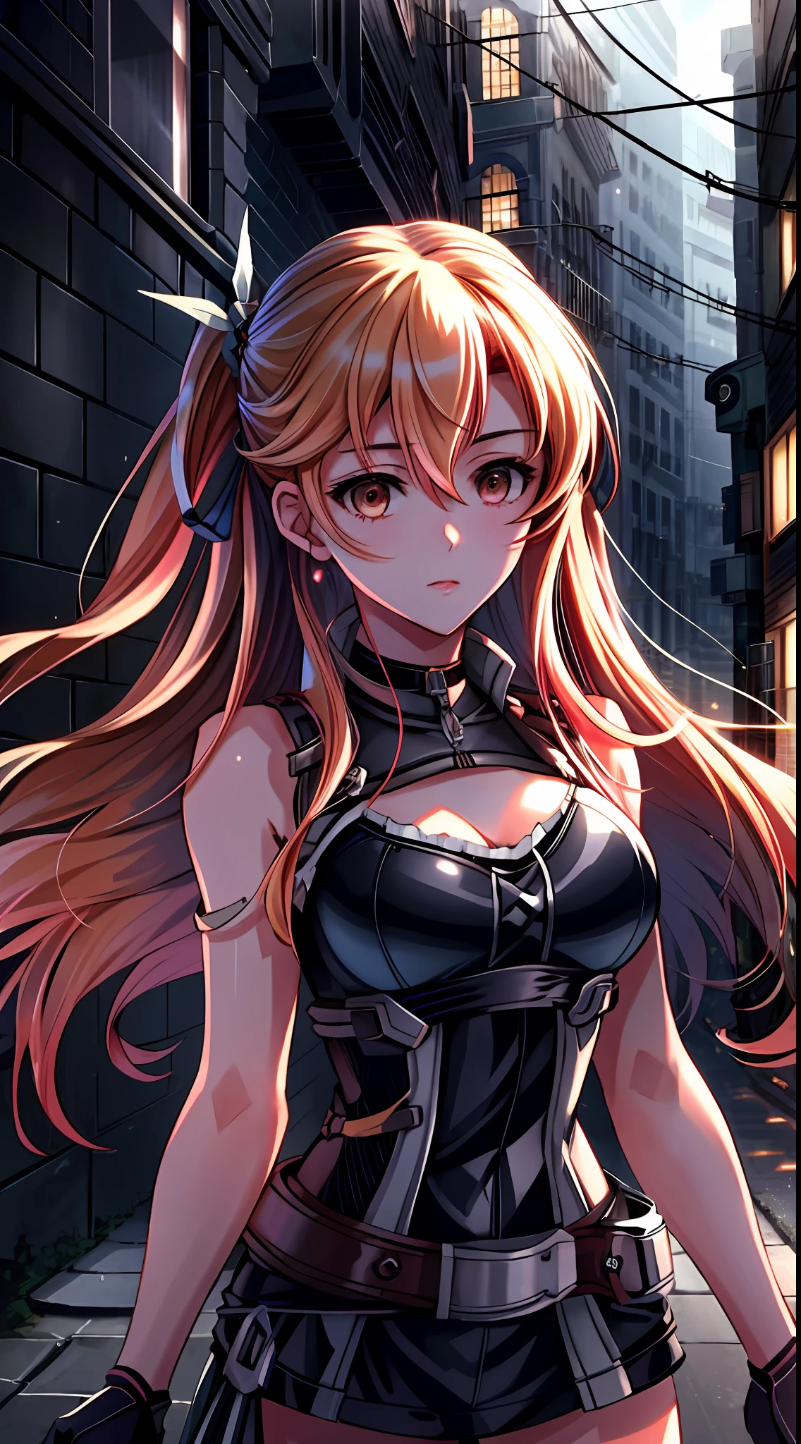 "(Alisa Reinford kissing Sara Valestein), sexy sleeveless police uniforms, yuri:1.4, provocative, hyper-detailed scene background, perfect anatomy, perfect arms, perfect hands,". (Alisa Reinford is blond, Sara Valestein has red hair), average breasts , inspired by trails of cold steel