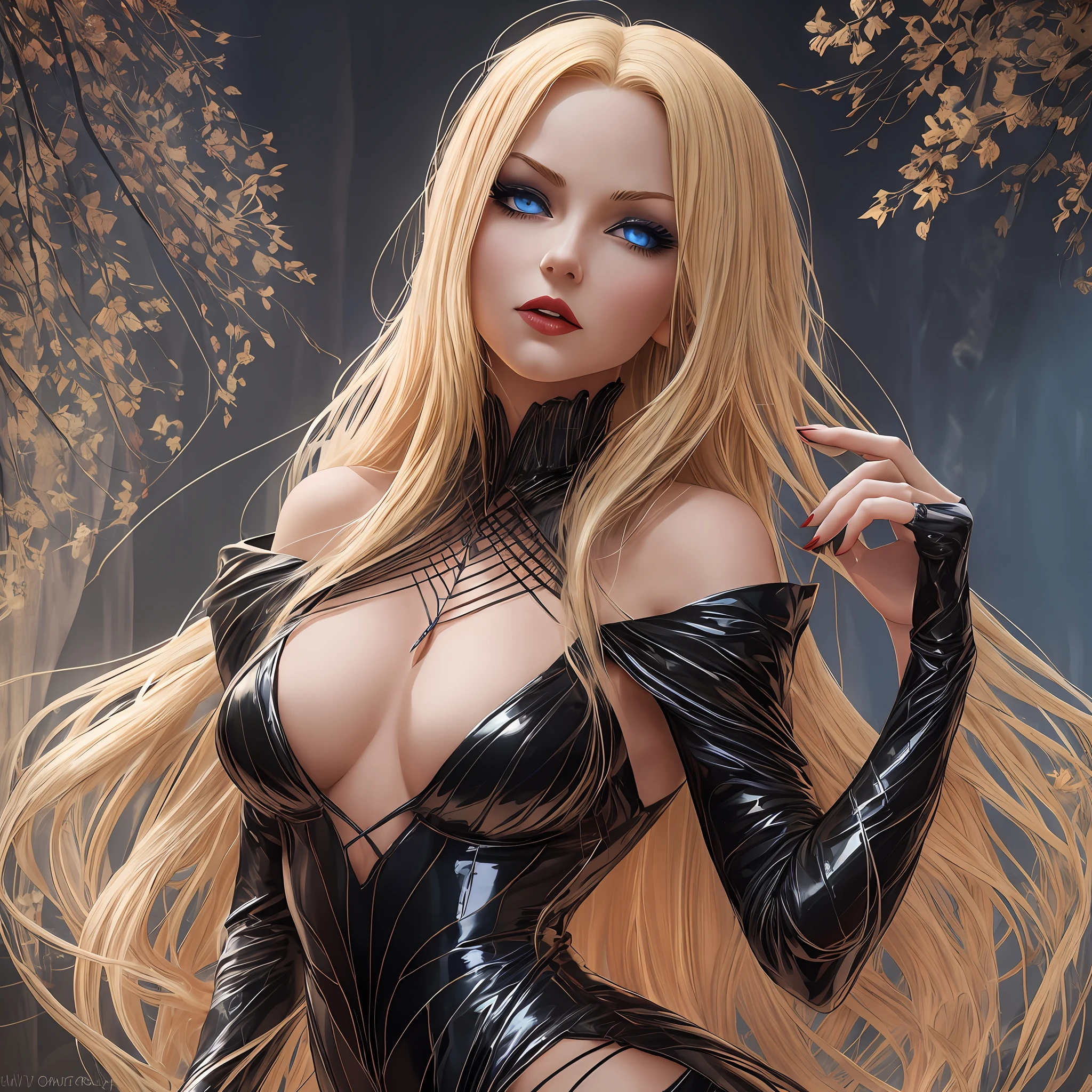 Imagine a vampire woman with long, shiny blonde hair. Her lips are fleshy and tinged with intense red, catching everyone's attention. She has a hypnotic look with her deep shimmering blue eyes. The woman wears an elegant dress that highlights her perfectly proportioned curves, showing off her irresistible femininity. Her expression is seductive and enigmatic, enveloping her in an aura of mystery and power. Visualize an image that captures all its beauty and magnetism, perhaps in a dark and mysterious environment. Photorealistc, 4k --auto --s2