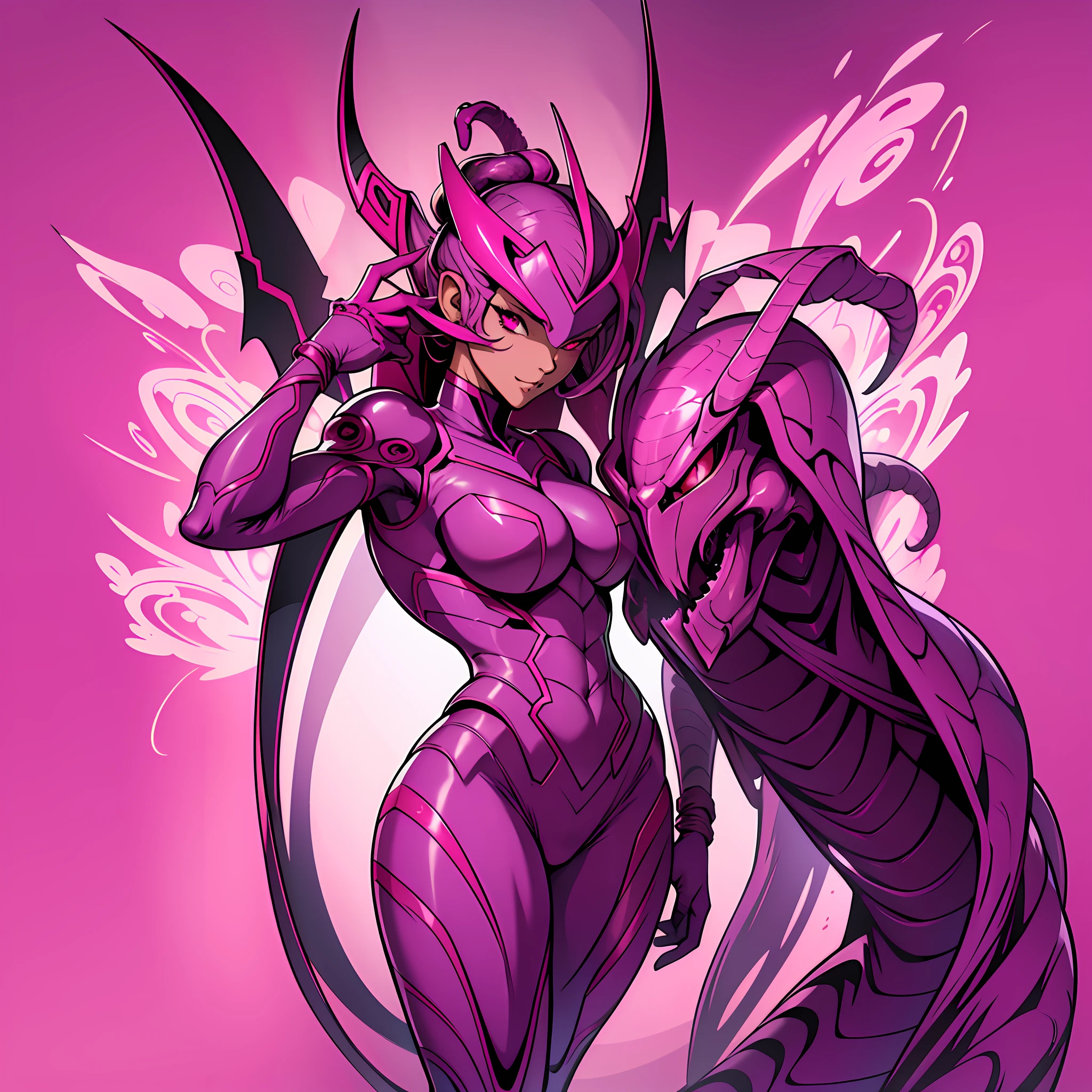 Cartoon photo of woman in magenta pink and purple costume, hot insect humanoid woman, Guyver style, NSFW version, red eye, scaraber reploid, tentacles imitating snake tail, cel shade adult animation, alien queen, serpentine pose, --auto --s2