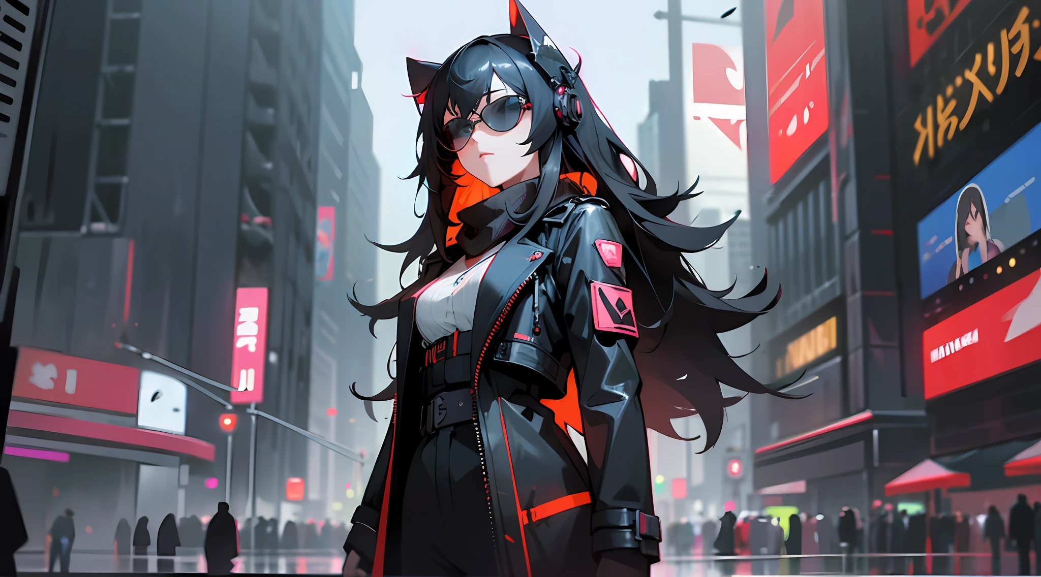 (masterpiece),(best quality),extremely detailed CG unity 8k wallpaper,ultra-detailed,highres,finely detail,(cowboy shot),upper body,Long shot,wide shot,(depth of field),perspective,cinematic lighting,an extremely delicate and beautiful girl,beautiful detailed girl,solo,extremely detailed eyes and face,(beautiful detailed eyes),arms behind back ,Black long hair, wearing sunglasses and a black trench coat, the red scarf, standing on the city streets, at night, the neon of the city, neon lights, cyber punk