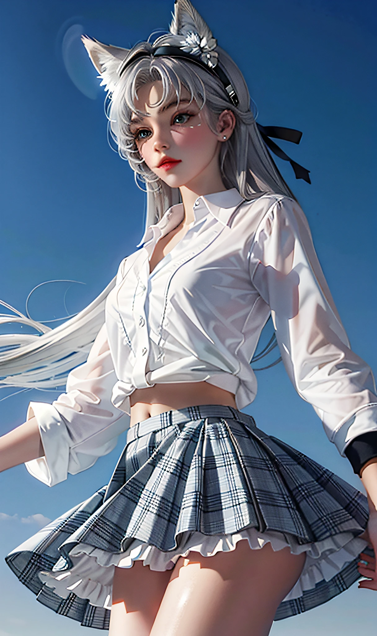 1girl, (masterpiece:1.1), (best quality:1.1), (white blouse:1.1), (plaid skirt:1.1), school uniform, high waist skirt, BREAK [blue:pink:0.5] theme, (gradient background:1.1 ), cowboy shot, BREAK silver hair, long hair,, green eyes, delicate headgear, looking sideways,