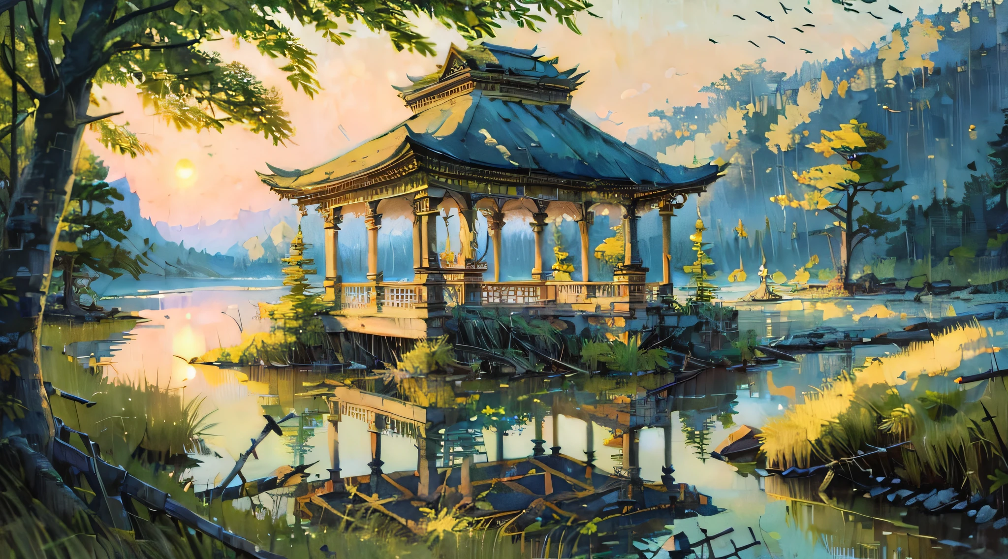 (Best quality),(masterpiece),(ultra detailed),(high detailed),(extremely detailed),Astonishing Oil Paintings of an ancient temple abandoned and crumbling down above a desolate lake in an overgrown creeksyll in the evening, an abandoned old gazebo, overgrown river, lush nature, realistic style by Makoto Shinkai