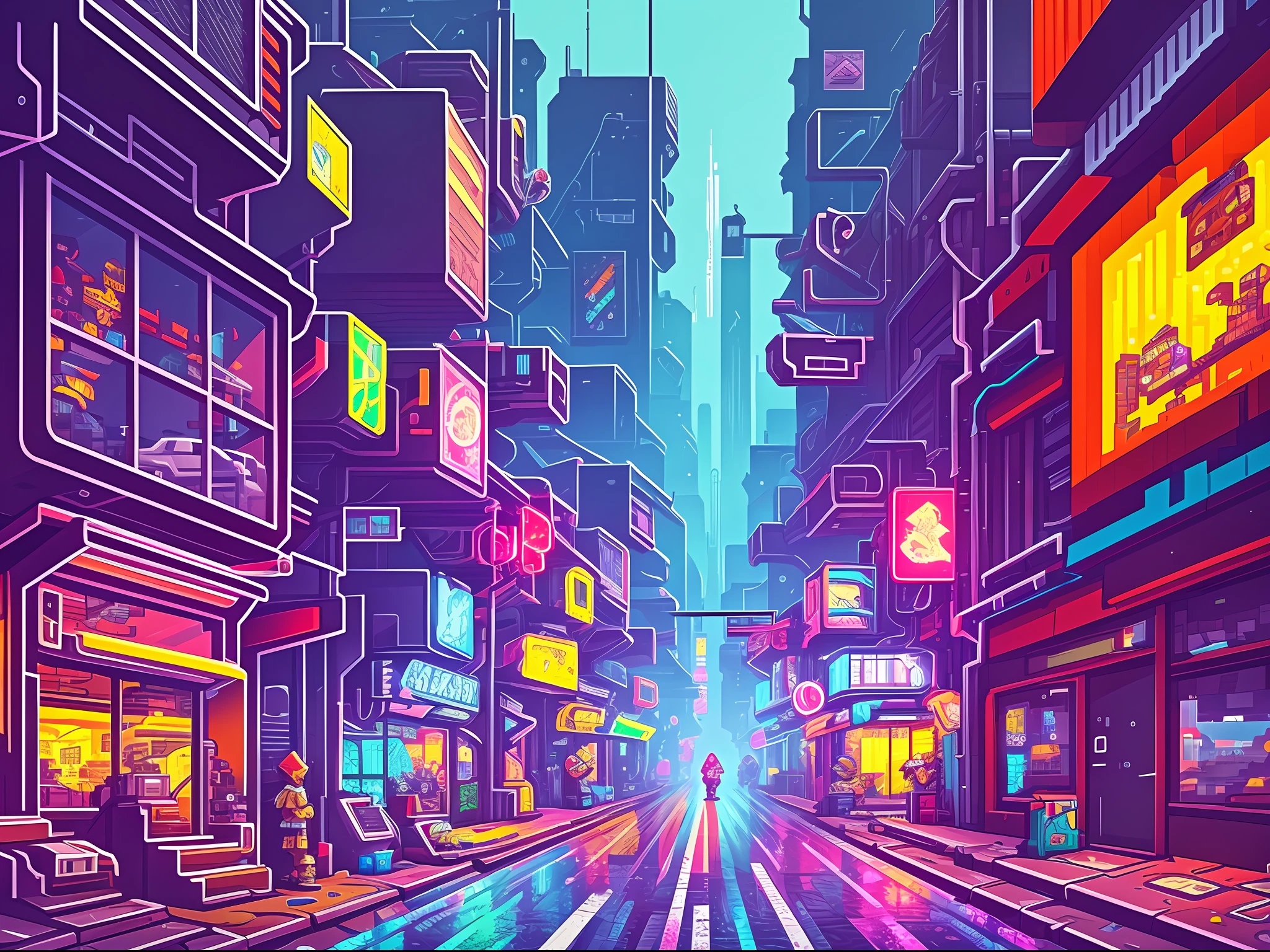 cyberpunk street, side view, 2D game style, pixel art style, cool vendors, roads and cars,