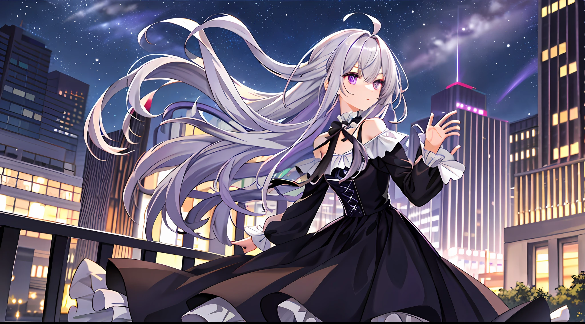masterpiece, best quality, long hair, silver hair, purple eyes, wind, messy hair, outdoors, night, black dress,