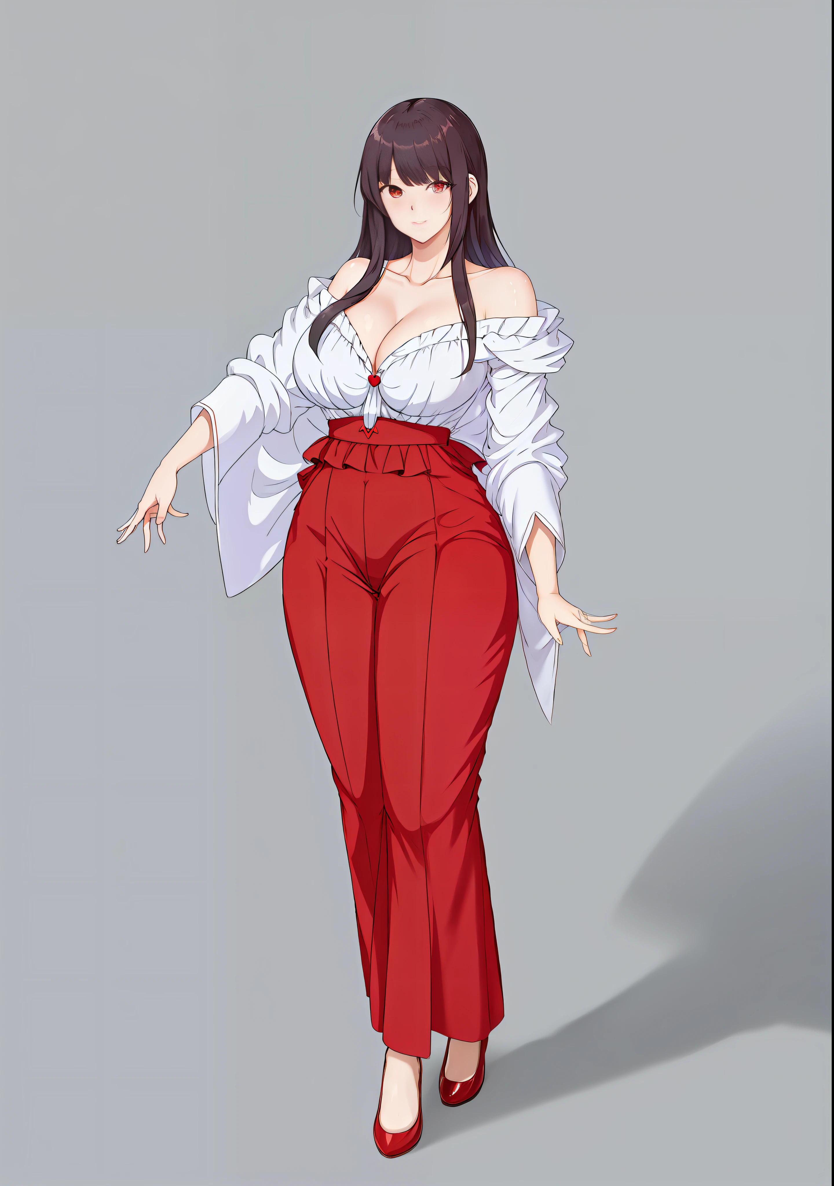 Anime - Style illustration of a woman in a white shirt and red pants, gray phtoto with red dress, full body fairy, full body concept, anime woman full body art, full body portrait of shorts! , charming Tifa lock heart,!! Full body portrait!!, li in dress, Yandere. Tall figure, dressed in fluent long clothes, fully naked, naked, pubic hair