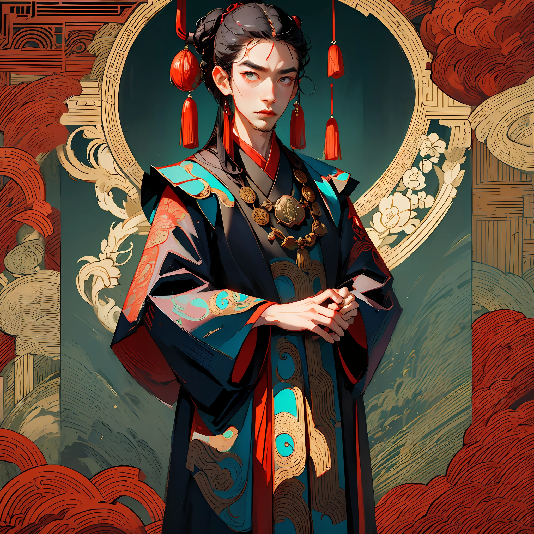 A man in Chinese costume, with a straight face, no beard, black background, Han Dynasty style theme, Shi clan class dress, cold and solemn, 4K, photo quality --auto --s2