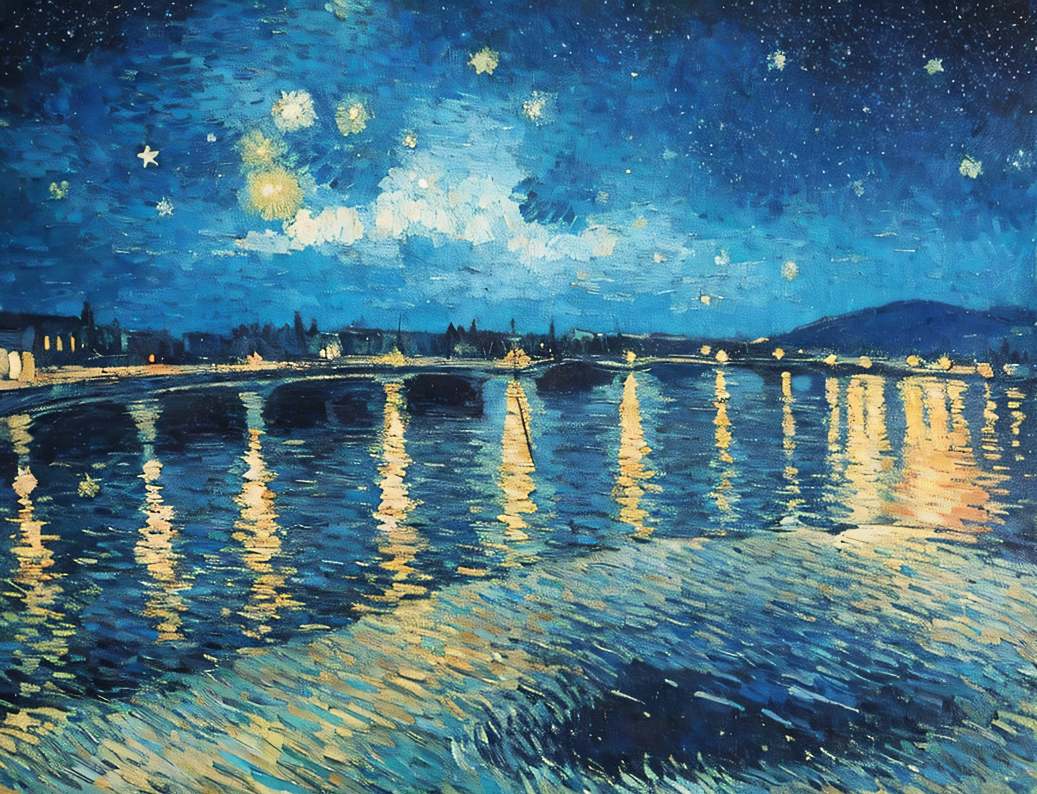 starry night over the rhone by vincent van gogh, van gogh painting, by Van Gogh, vincent van gogh painting, by Vincent Van Gogh, impressionism painting, van gogh art style, the starry night, von gogh, in the starry night, style of vincent van gogh, style of van gogh, starry night, in style of van gogh, romantic impressionism