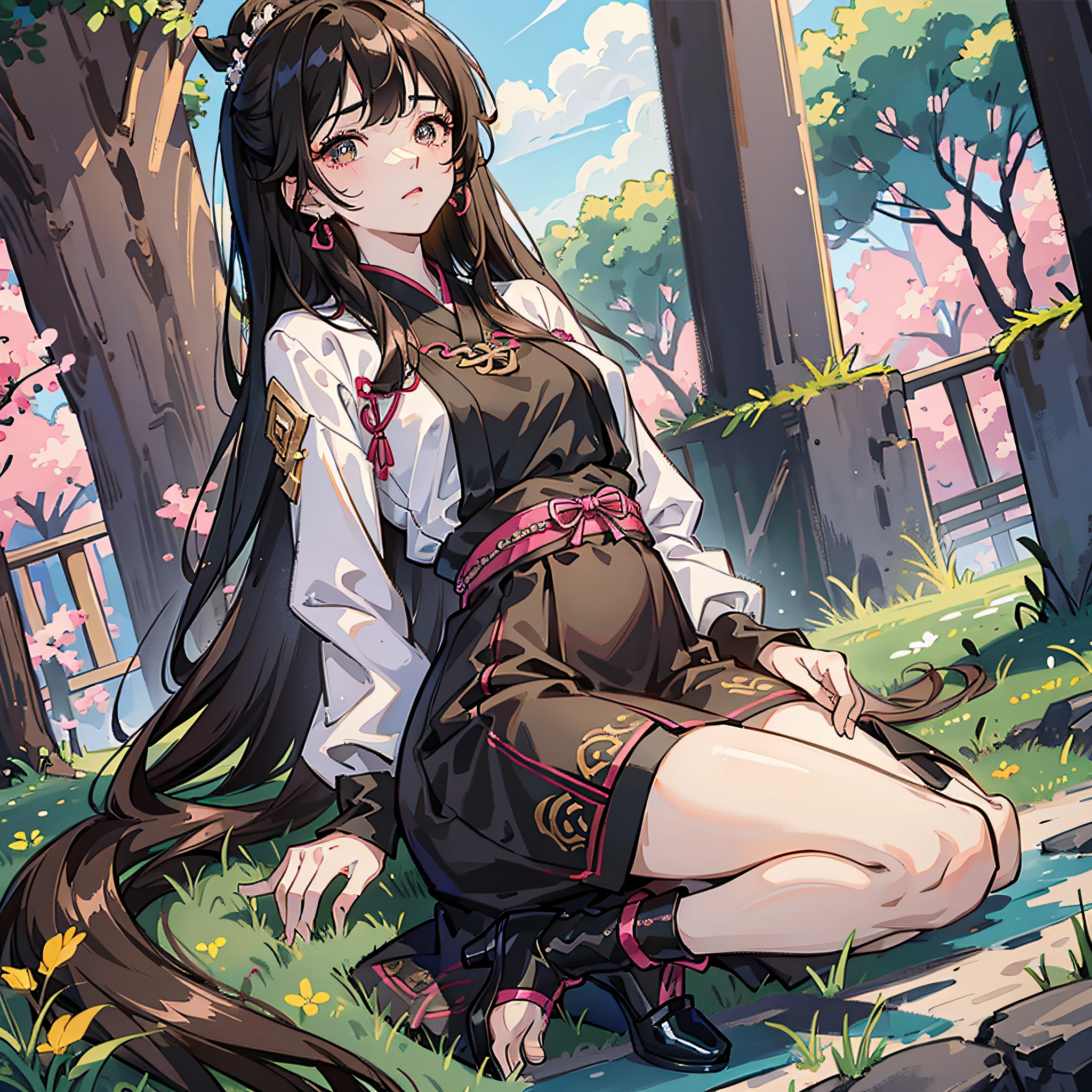 Masterpiece, best quality, super detailed, solo, hanfu, 1girl, pink polo shirt, black high heels, depth of field, high resolution, ultra-realistic skin and sweating effect 1.4, shiny long black hair and brown eyes, slender thighs and small breasts 1.6, dynamic light and shadow and detailed eyes and pupil sharpness. Background of outdoor scene and sky. --auto --s2