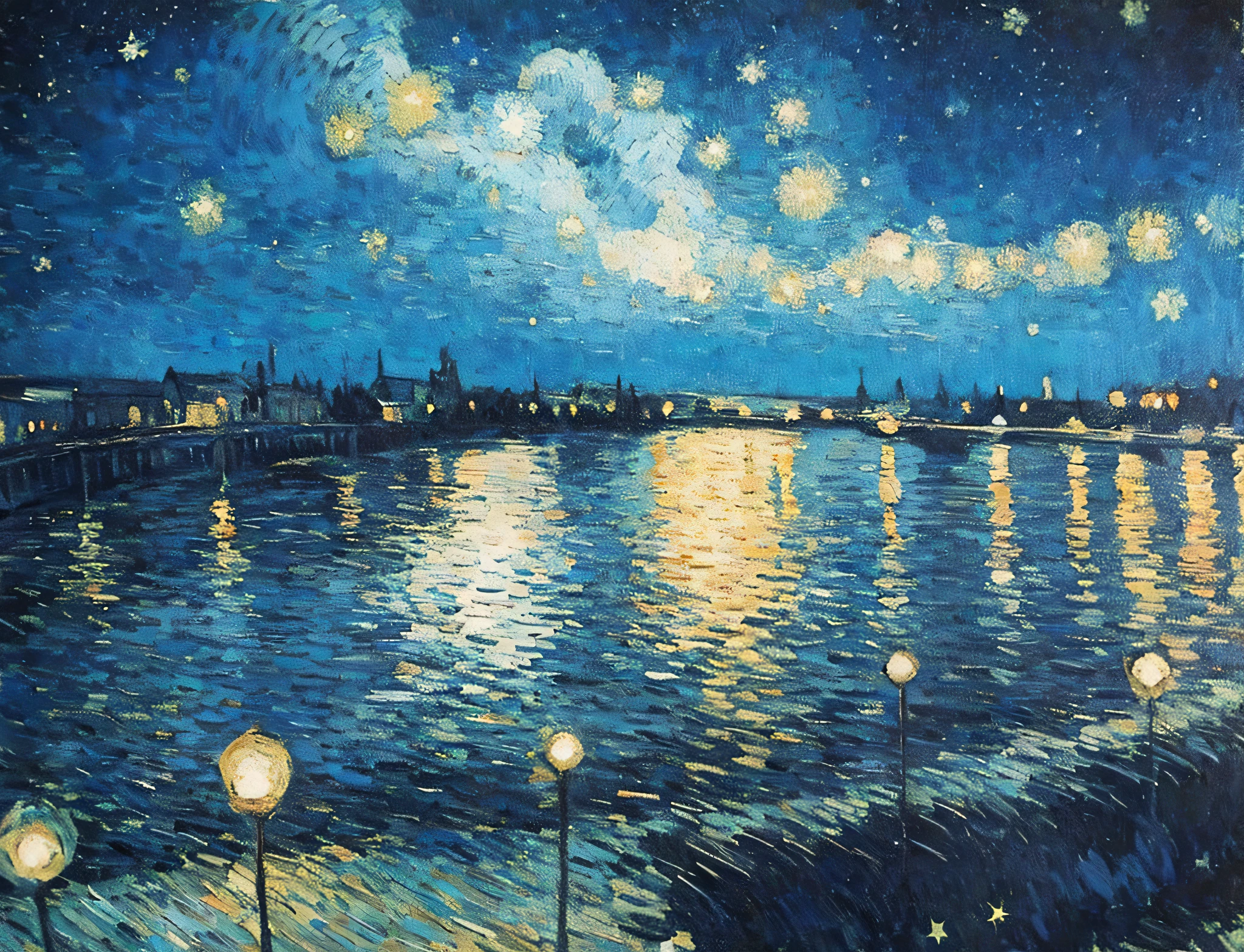 starry night over the rhone by vincent van gogh, van gogh painting, by Van Gogh, vincent van gogh painting, by Vincent Van Gogh, impressionism painting, van gogh art style, the starry night, von gogh, in the starry night, style of vincent van gogh, style of van gogh, starry night, in style of van gogh, romantic impressionism