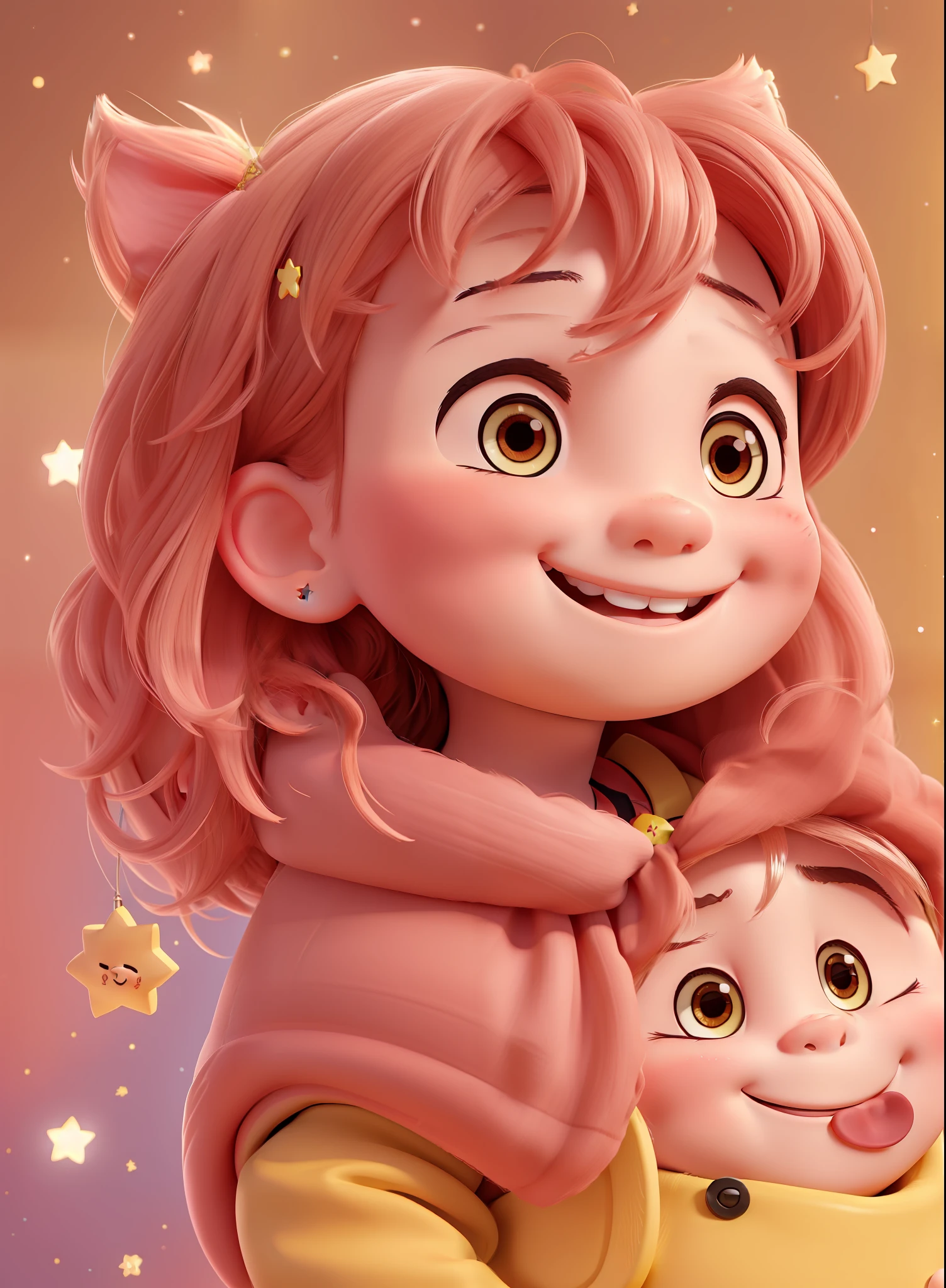 (chibi style),(),(big happy smile),(surrounded by cheerful stars),(bright colors),(red cheeks)