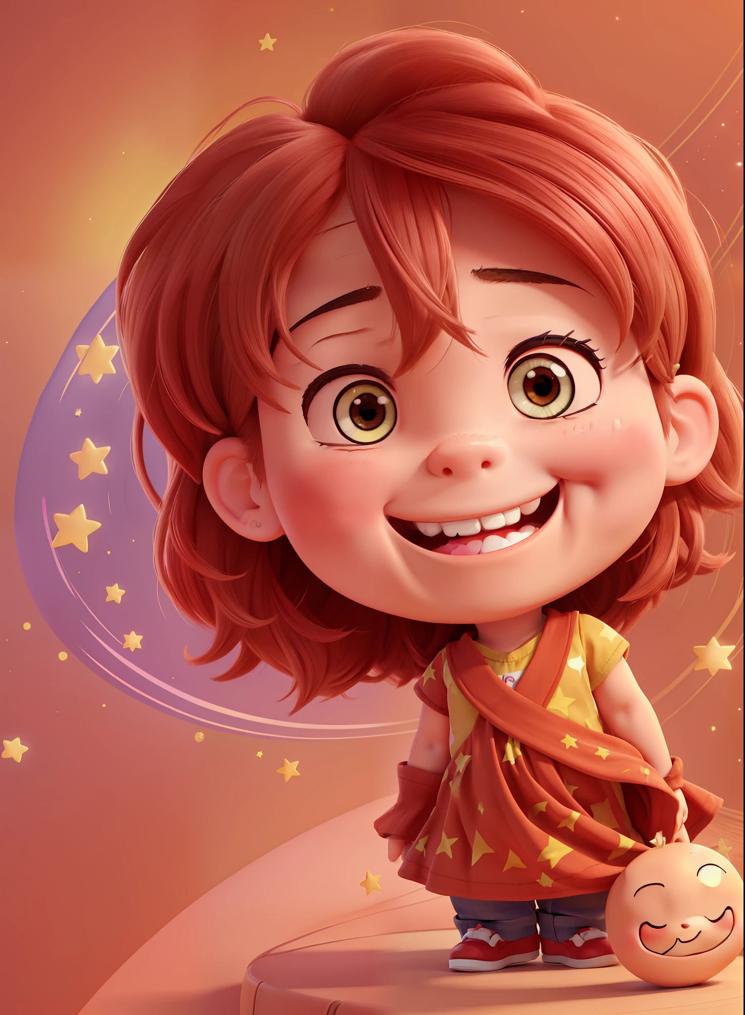 (chibi style),(),(big happy smile),(surrounded by cheerful stars),(bright colors),(red cheeks)