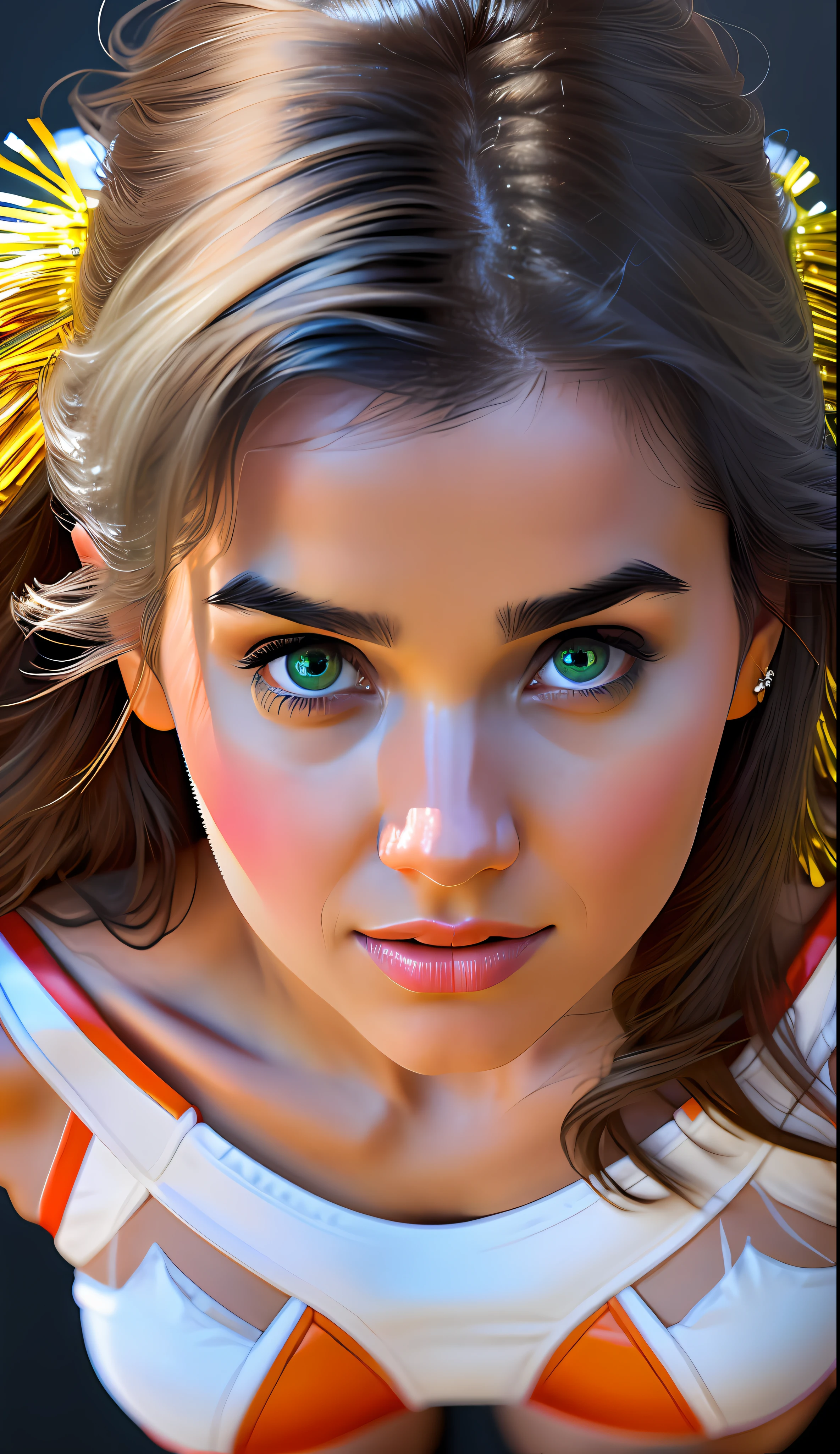from above, top angle, (redshift style:1.1), (analog style:1.1), sexy, realistic, photo shoot, professional, high contrast,


[Jennifer Connelly], 1girl, solo, expressive look,  (wearing cheerleader costume:1.2), gloves, wearing skirt, crop top,
skin pores, intricate skin texture, realistic skin, golden glitter, shiny skin, hands on sides, hands down,
realistic body, realistic body proportions,

(closeup:1.2), (extreme closeup:1.2), cleavage, face focus,

masterpiece, best quality, HDR, viewpoint, highest quality, sharp focus, looking at viewer, facing viewer, 8k,
[(colorful explosion psychedelic paint colors:1.2)::0.2],

dynamic lights, bokeh, detailed emerald eyes, witty,(vengeful:0.7),