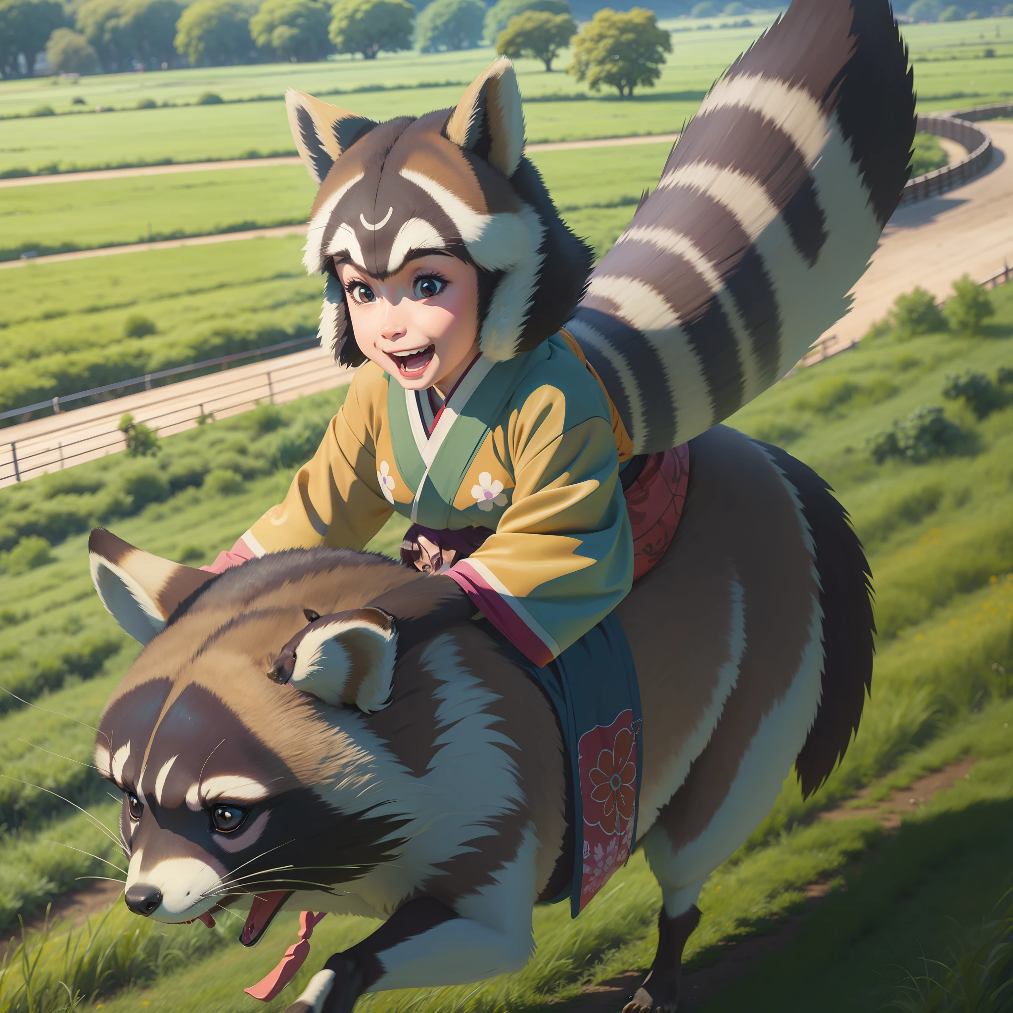 A happy looking girl in a kimono riding a big raccoon and running through the grassland.