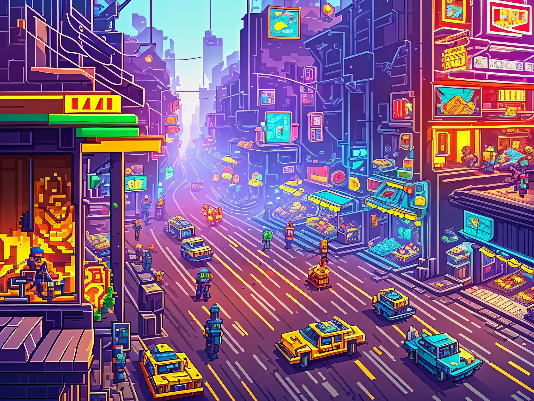 (A cool 2D game-style pixel art masterpiece with cyberpunk street, roads and cars, featuring dynamic side-view of street vendors.)