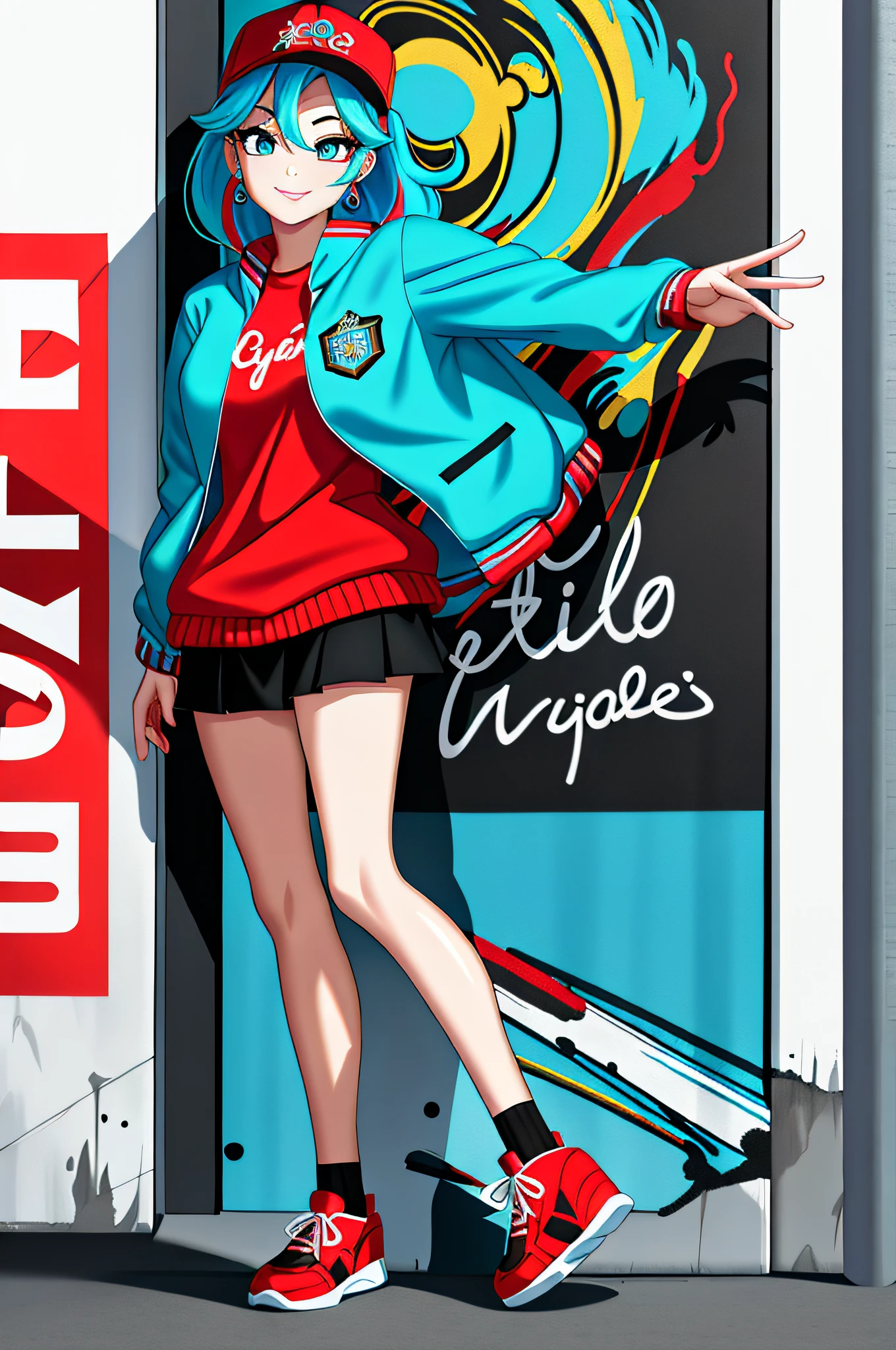 best quality, highres, high quality, masterpiece, goddess, 1girl, solo, (Kobo), cute face, perfect fingers, aqua eyes, point earrings, multicolored hair, baseball jacket, black miniskirt, red shoes, outdoors, looking at viewer,