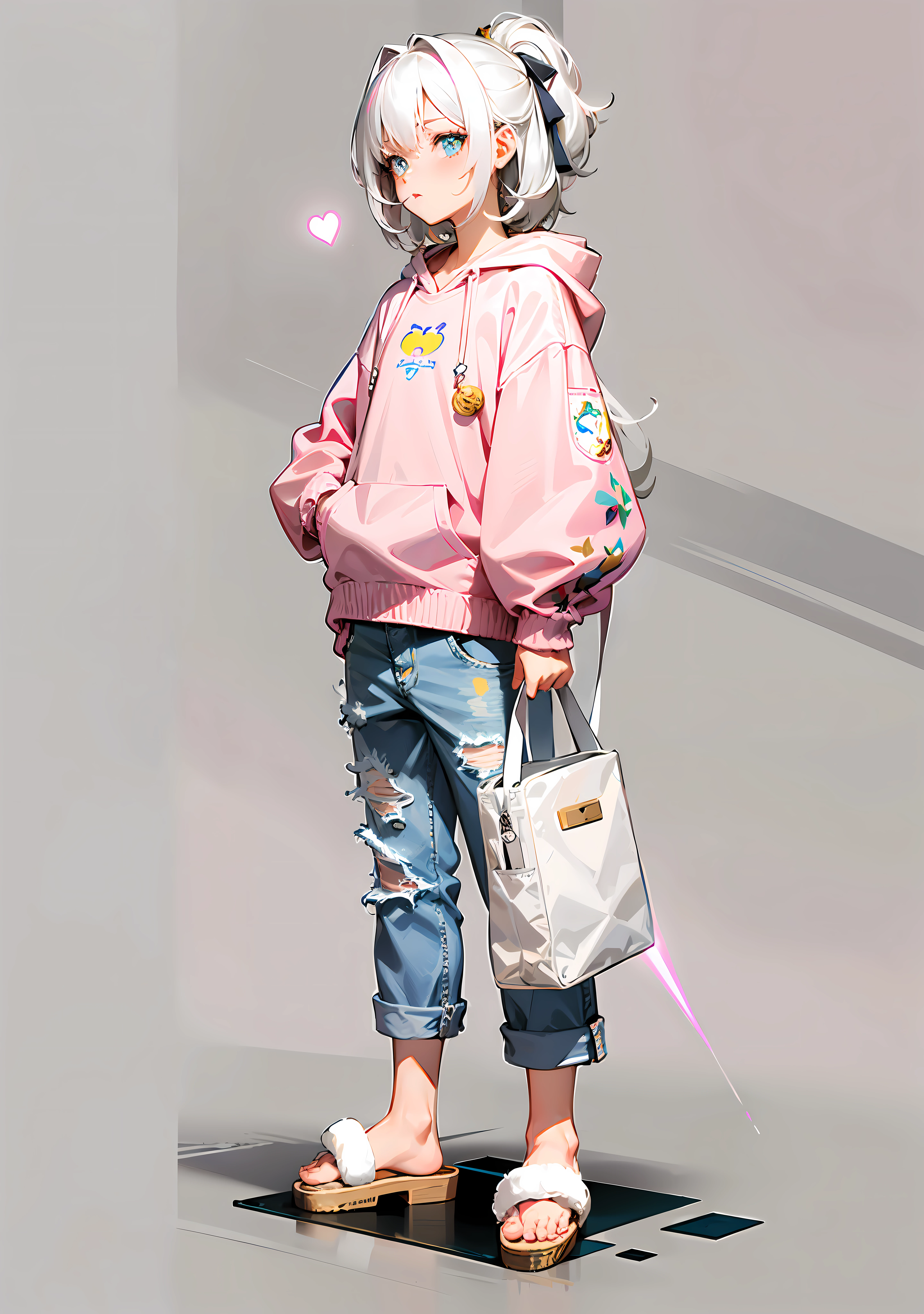 Standing painting, white hair, light eyes, laser textured pink clothes, jeans, cute slippers