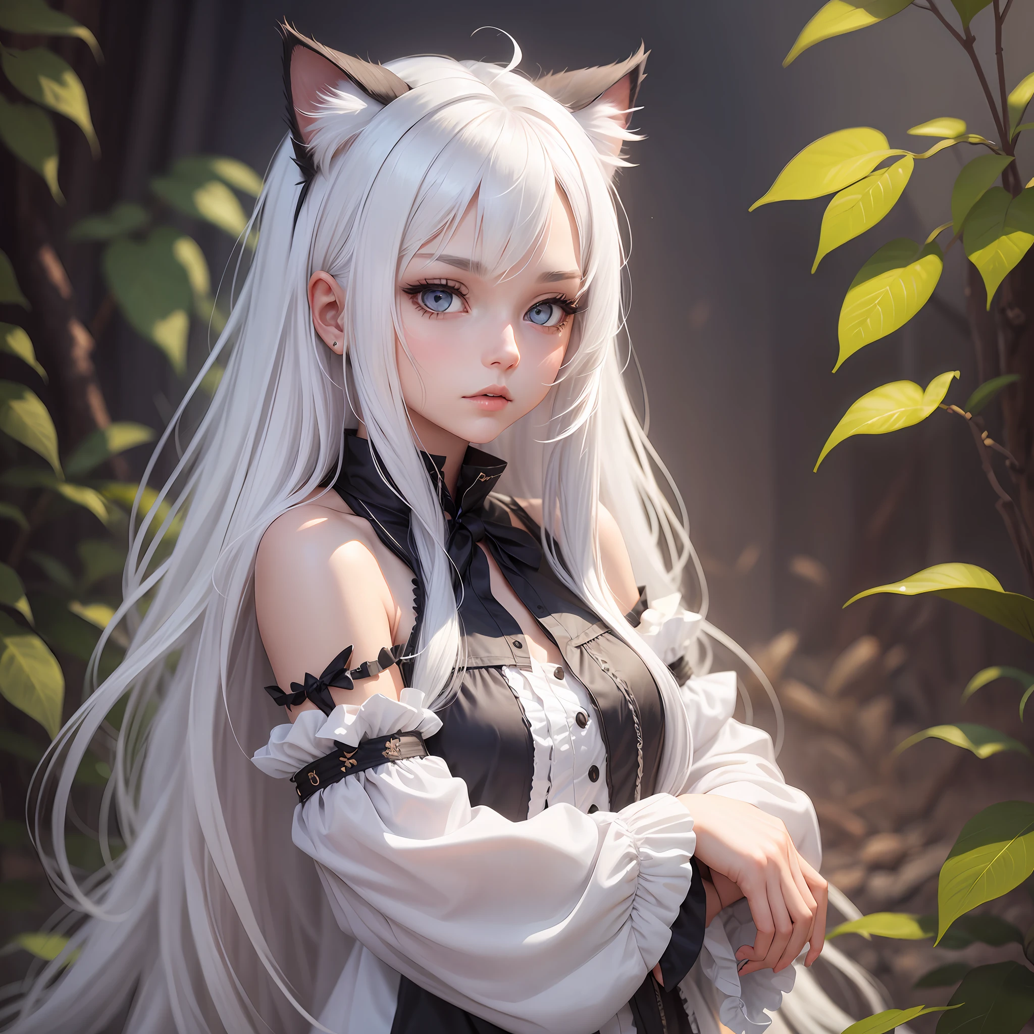 A girl, white hair, shoulder long hair, tyrkise eyes, cat ears, cat tail,momy vibe, closed clothes,