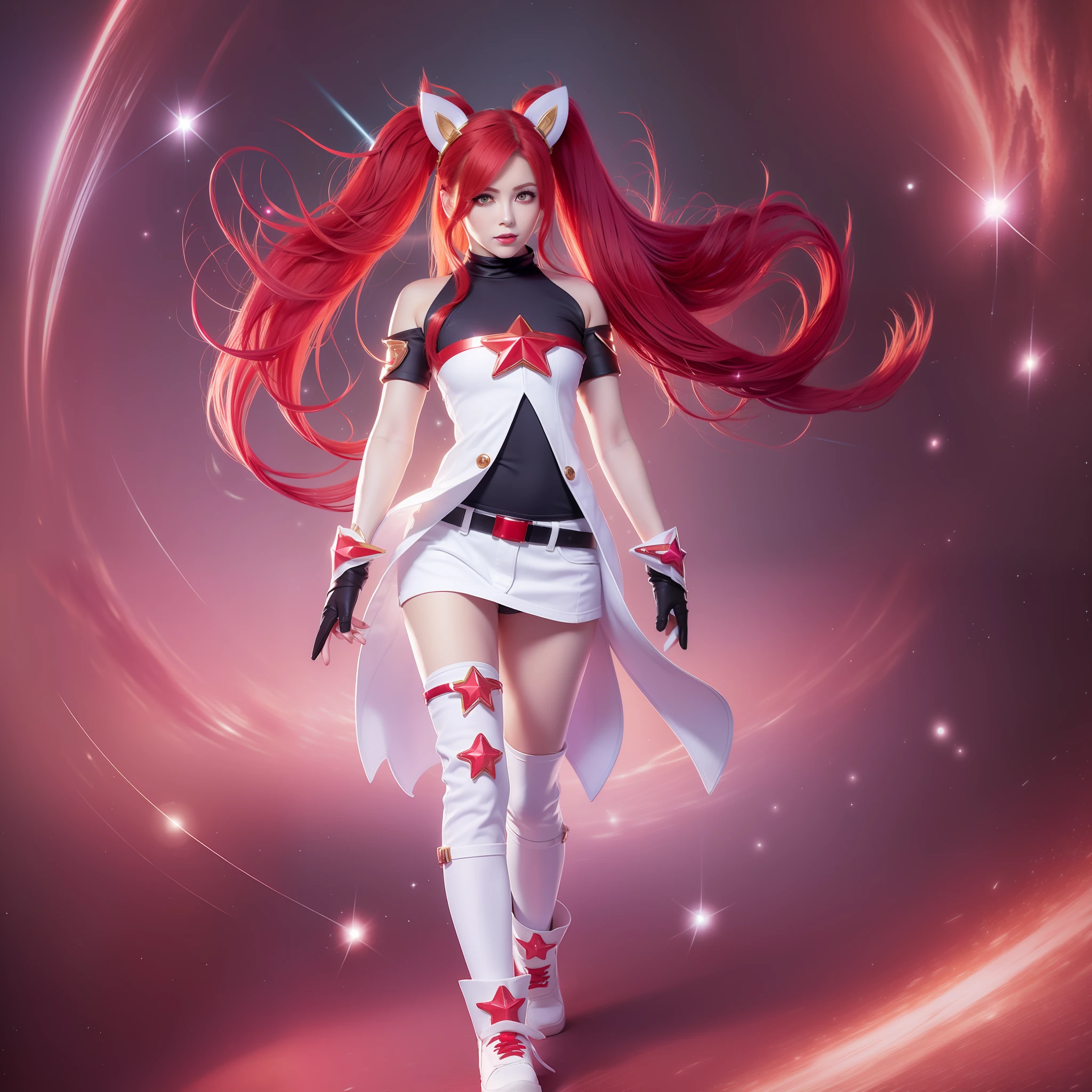 Photo realistic texture full body Woman walking in space red hair braid long jinx, red lenses in eyes, expression of anger, stellar guardian clothing, kitten ears of white color material made of plastic on the head