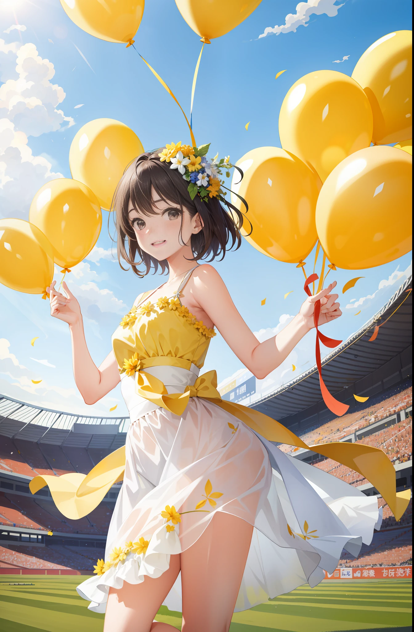 (masterpiece), premonition, healthy skin and natural smile that echoes deeply, (1girl), beautiful bouquet of flowers and colorful background, Hanshin Koshien Stadium, yellow balloons, delicate light depiction, high resolution, natural, peaceful, breeze, elegant pose.
