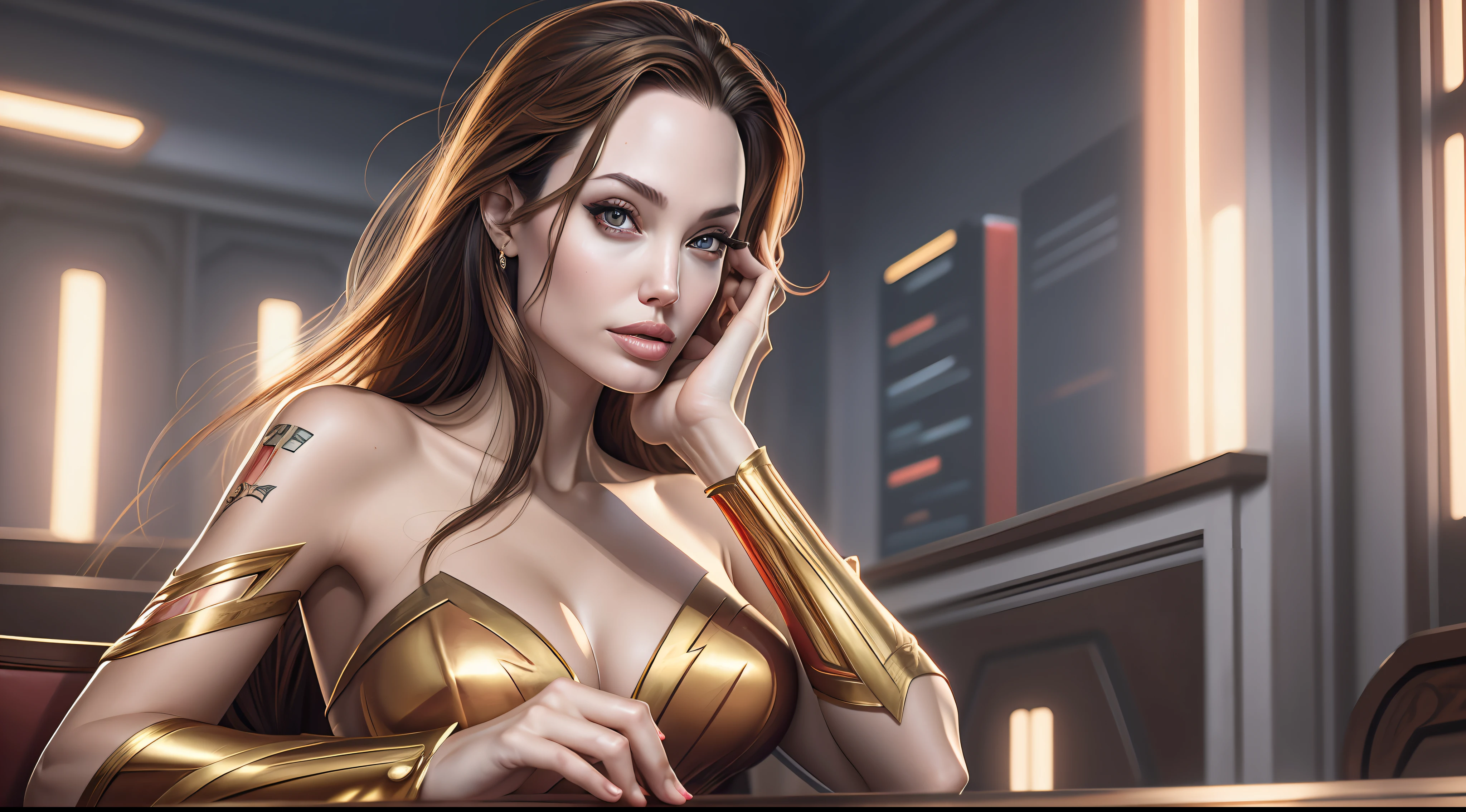 A closeup of a woman in a red and gold costume, Image Plane, Woman-flash, sexy Angelina Jolie painting, Angelina Jolie hybrid, super sexy Angelina Jolie, dressed as Woman-flash, Superhero body, Portrait of Woman-flash, Angelina Jolie as Woman-flash, high quality ultra resolution costume, hyper detailed costume, DC Comics style, perfect anatomy, hands with 4 fingers and 1 thumb, rendered in 8K resolution for high quality detail, 8K image quality, 8K high resolution image, hyper detailed, super realistic, intricate details --auto --s2