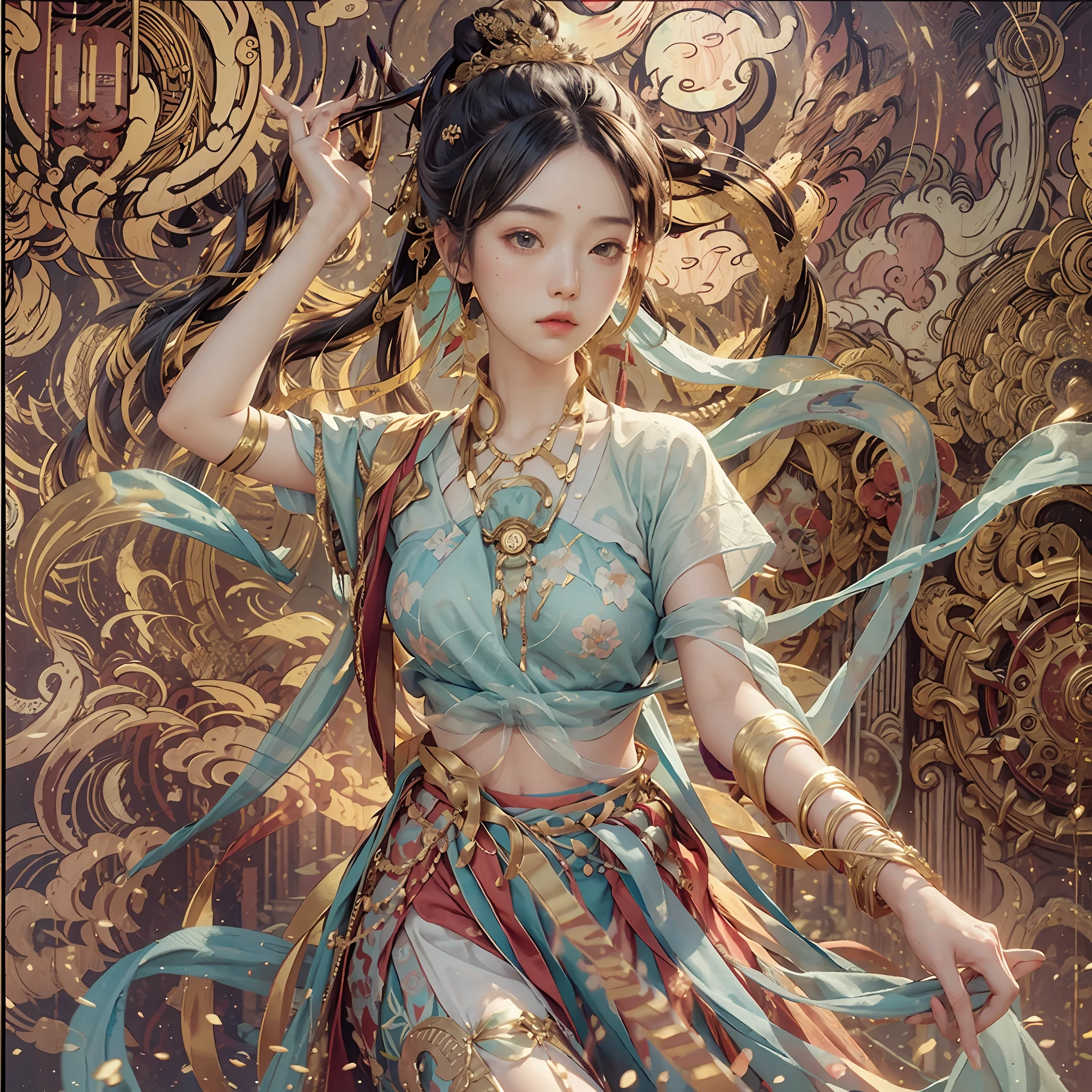 Realistic, antique, 1 girl, streamer, skirt, sunlight, ink, clean picture, Dunhuang --auto --s2